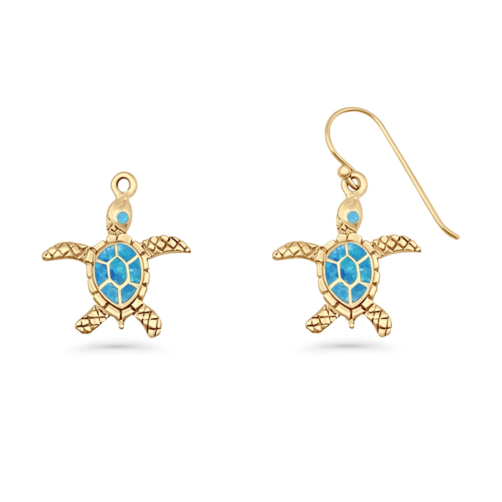Turtle Dangle Drop 17.3mm Fishhook Earring Lab Created Blue Opal 925 Sterling Silver