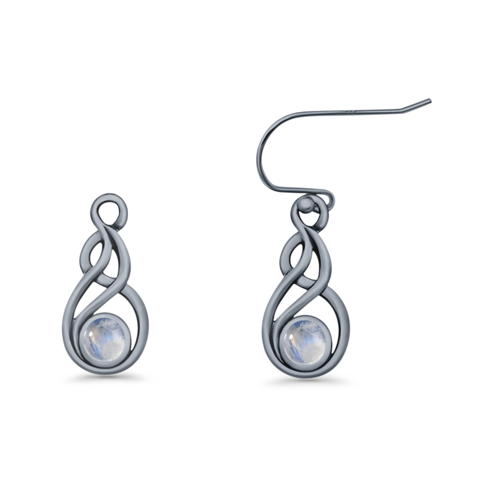 Round 21.5mm Twisted Loop Drop Fishhook Earring Oxidized Lab Created Opal 925 Sterling Silver