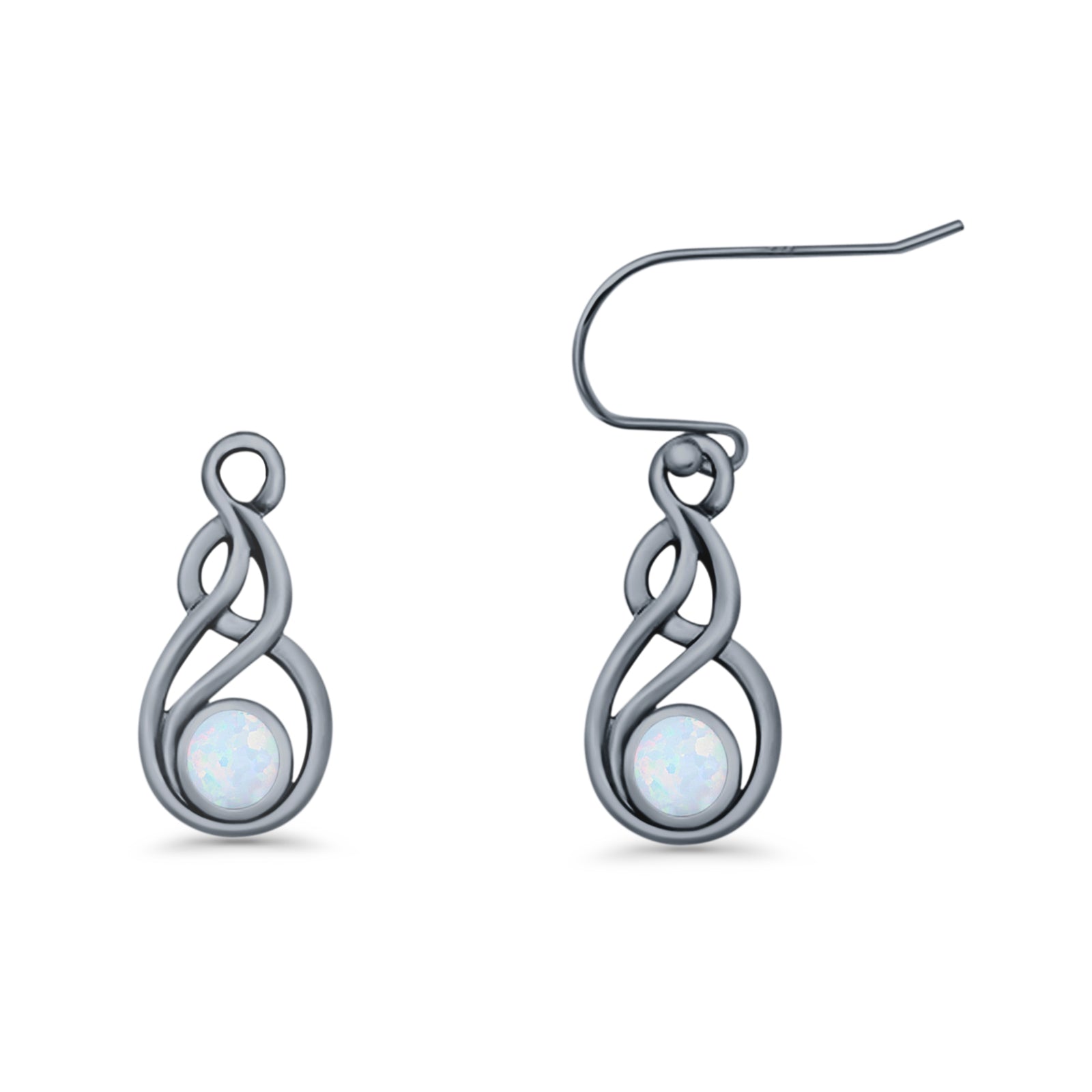 Round 21.5mm Twisted Loop Drop Fishhook Earring Oxidized Lab Created Opal 925 Sterling Silver