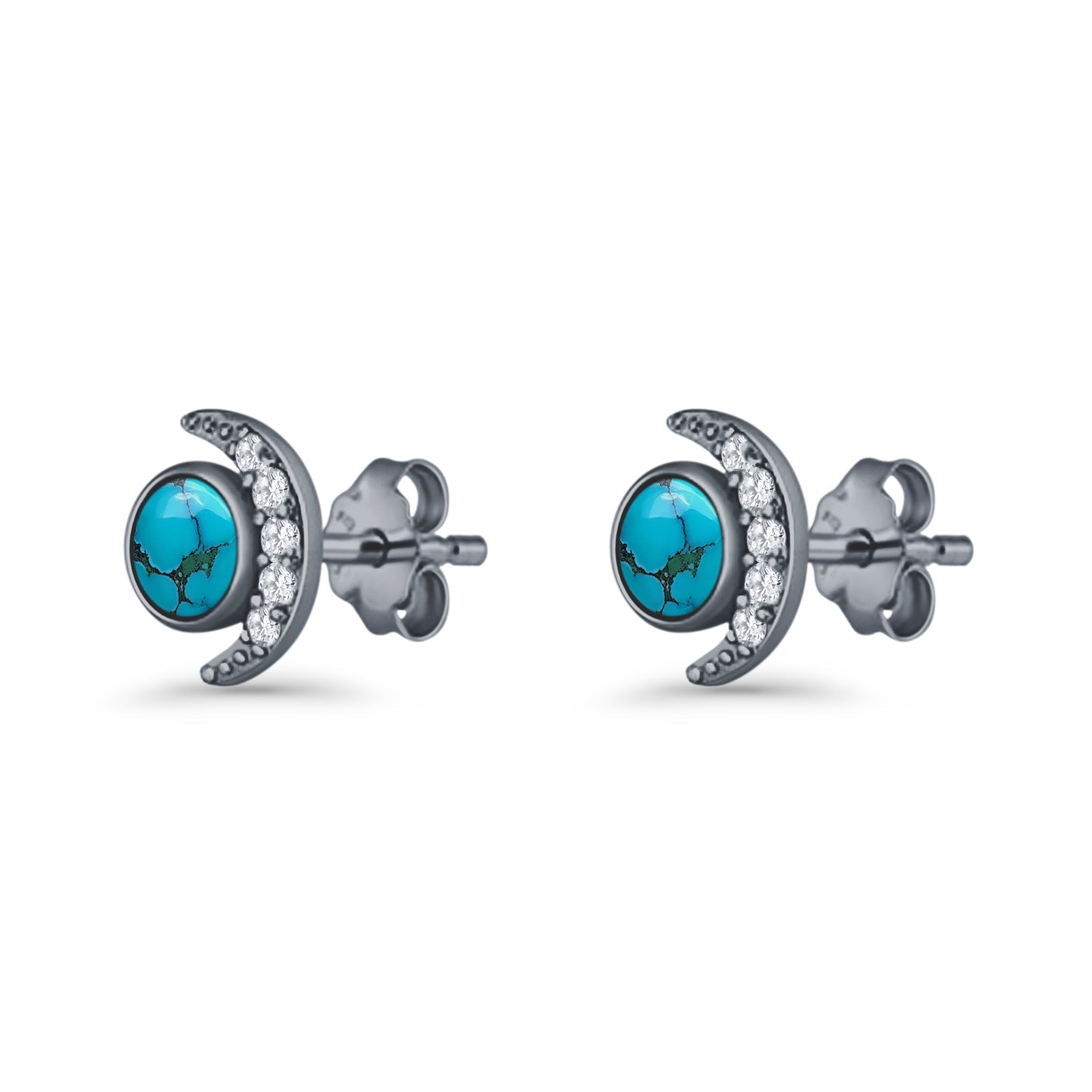Minimalist 10.4mm Crescent Moon Stud Earrings Turquoise & Cubic Zirconia 925 Sterling Silver