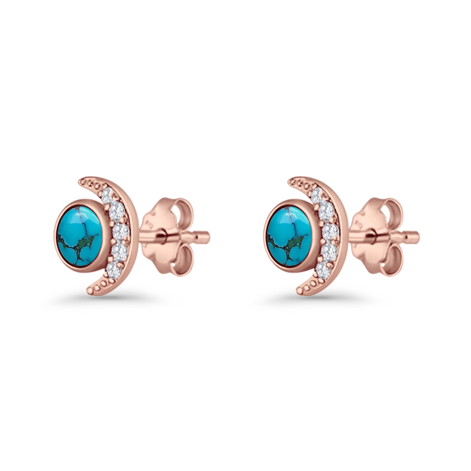 Minimalist 10.4mm Crescent Moon Stud Earrings Turquoise & Cubic Zirconia 925 Sterling Silver