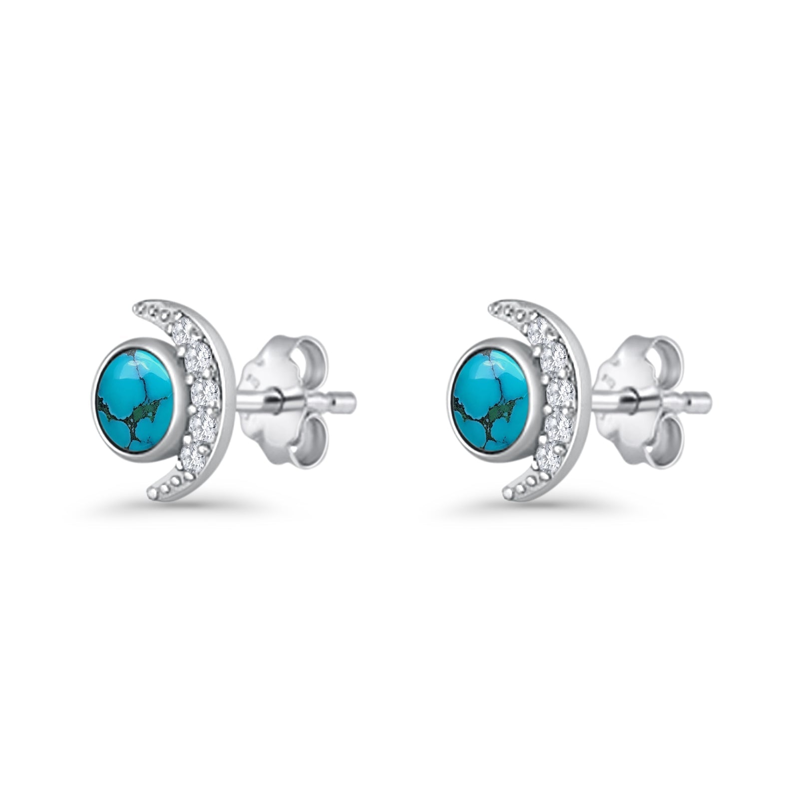 Minimalist 10.4mm Crescent Moon Stud Earrings Turquoise & Cubic Zirconia 925 Sterling Silver