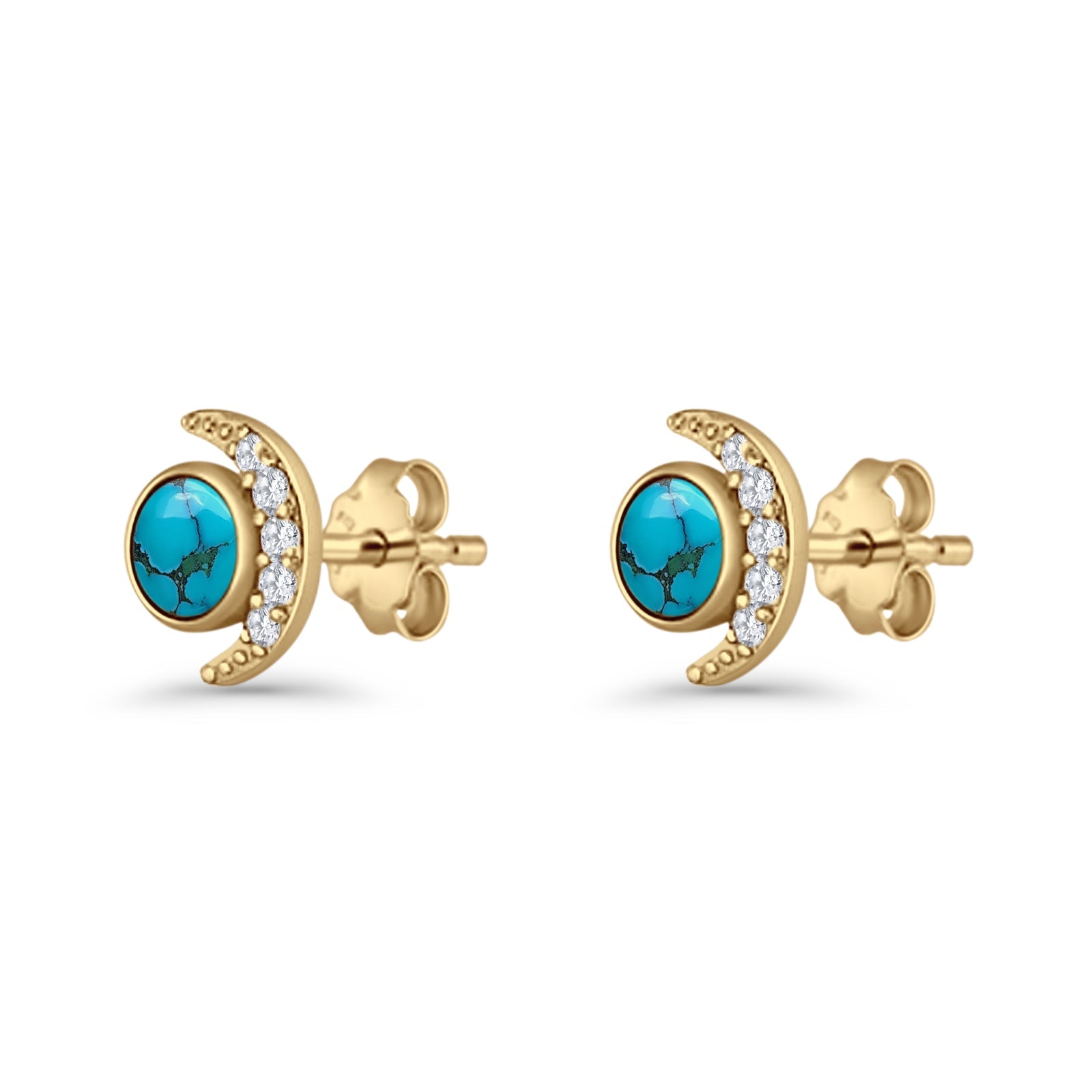 Minimalist 10.4mm Crescent Moon Stud Earrings Turquoise & Cubic Zirconia 925 Sterling Silver