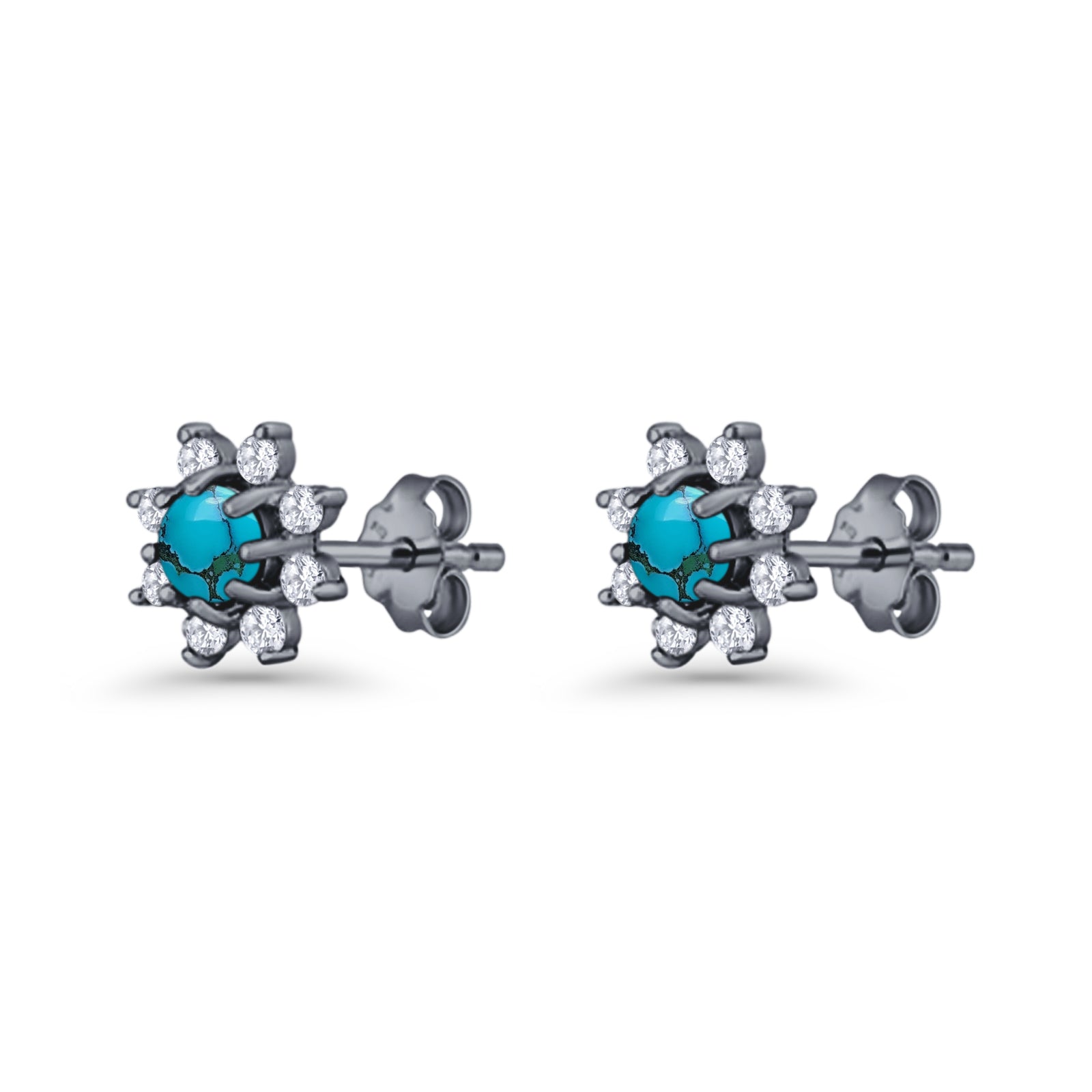 Minimalist 8.2mm Floral Stud Earrings Turquoise & Cubic Zirconia 925 Sterling Silver