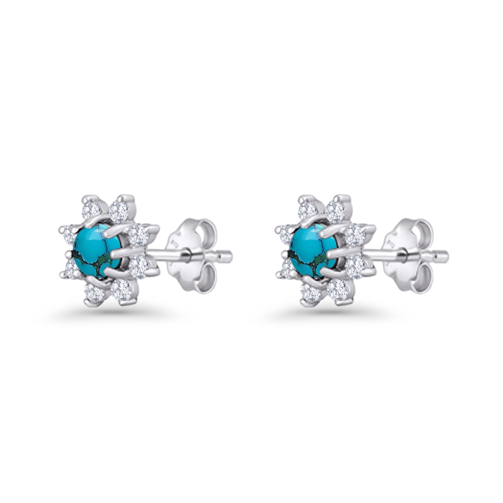 Minimalist 8.2mm Floral Stud Earrings Turquoise & Cubic Zirconia 925 Sterling Silver