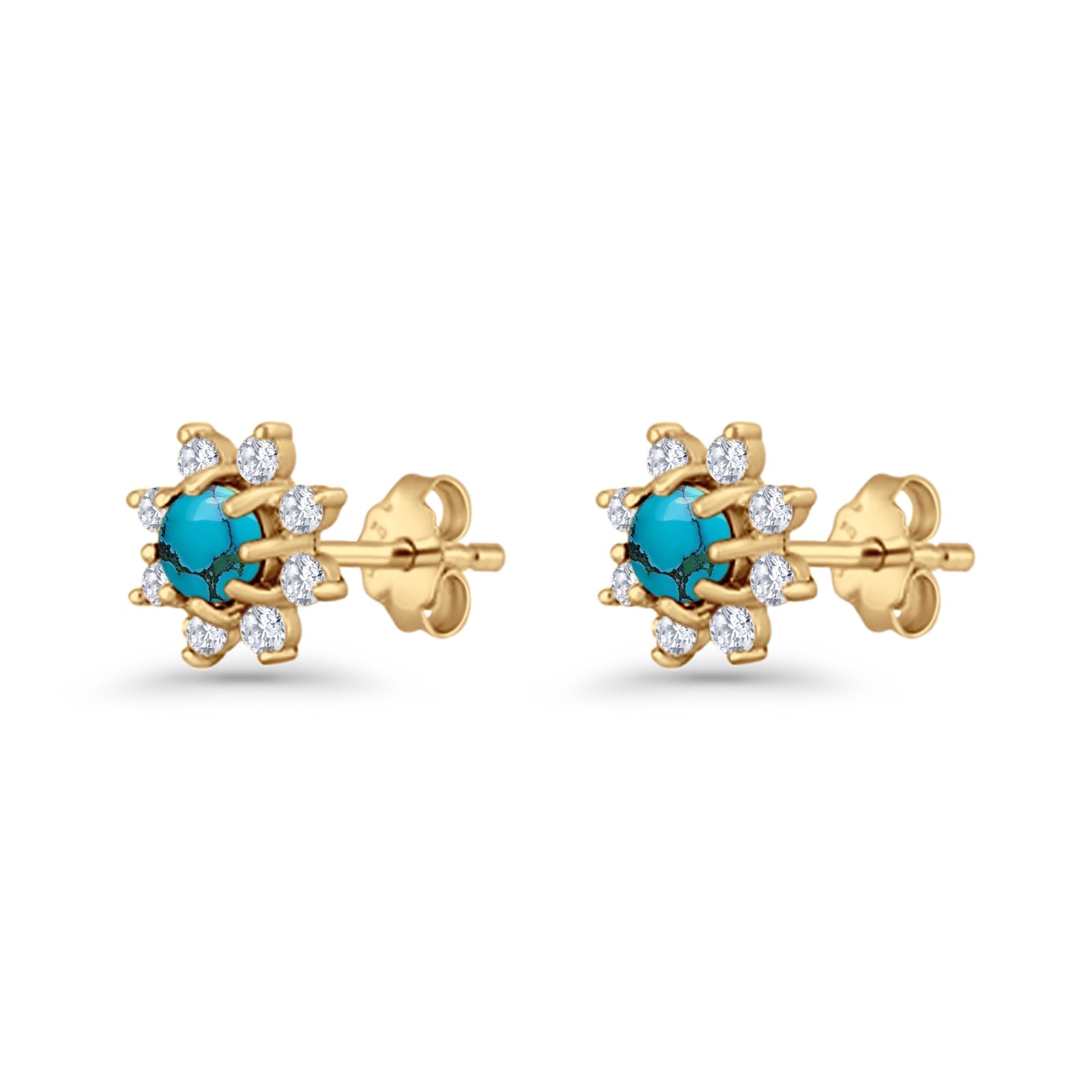 Minimalist 8.2mm Floral Stud Earrings Turquoise & Cubic Zirconia 925 Sterling Silver