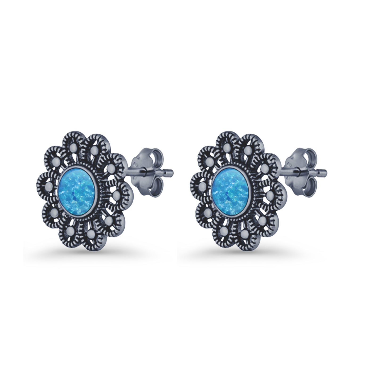 Flower Beaded 15.6mm Created Opal Stud Earring 925 Sterling Silver