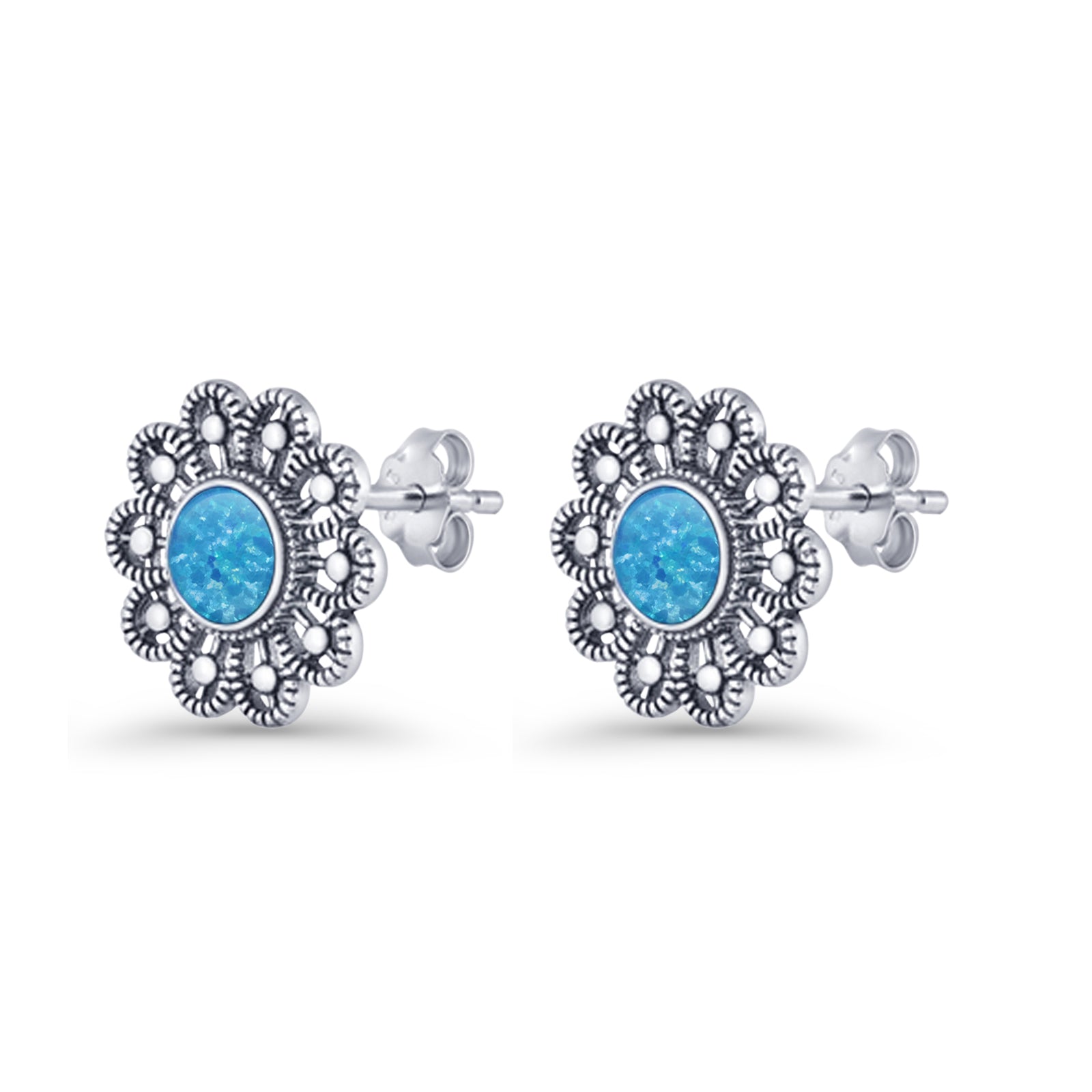 Flower Beaded 15.6mm Created Opal Stud Earring 925 Sterling Silver