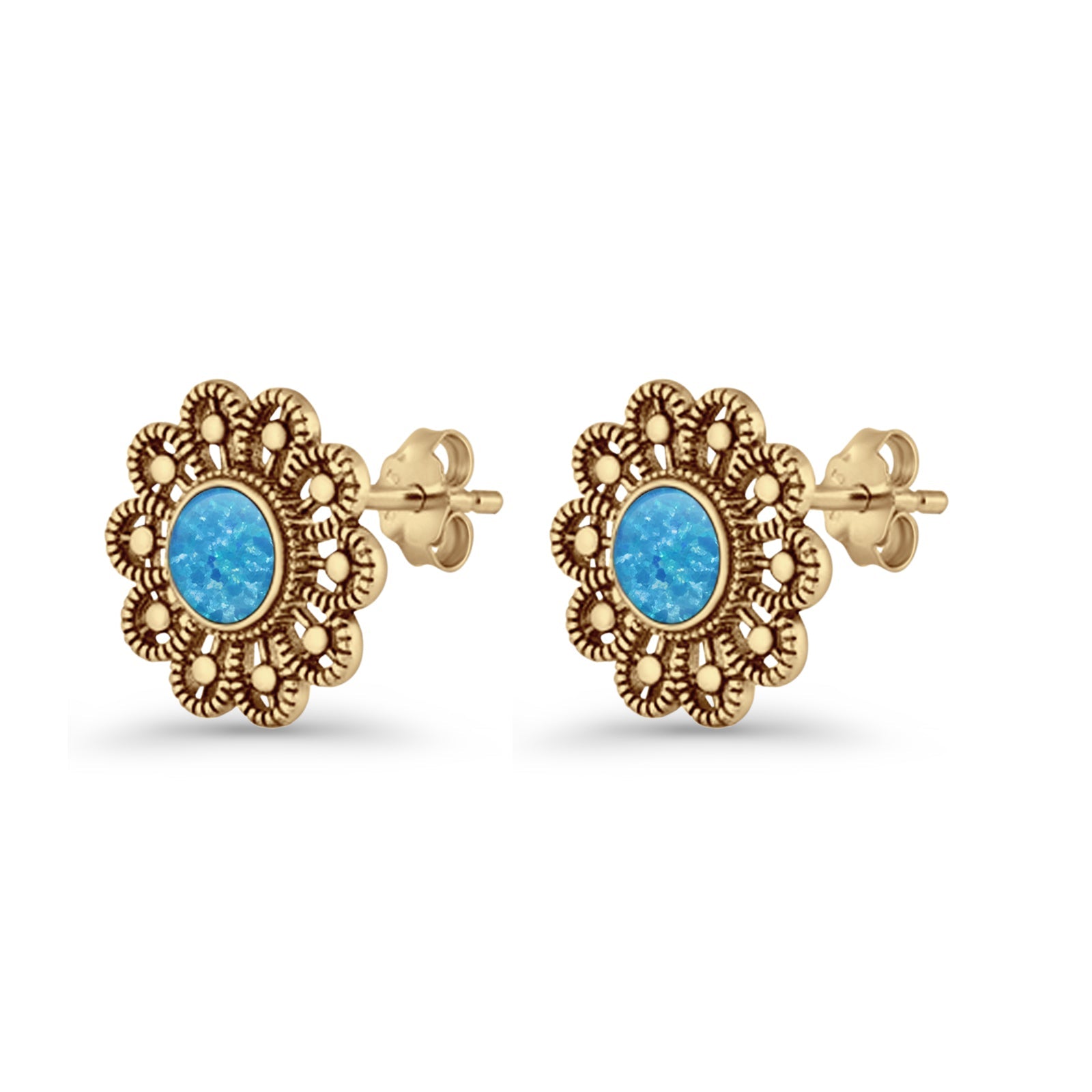 Flower Beaded 15.6mm Created Opal Stud Earring 925 Sterling Silver