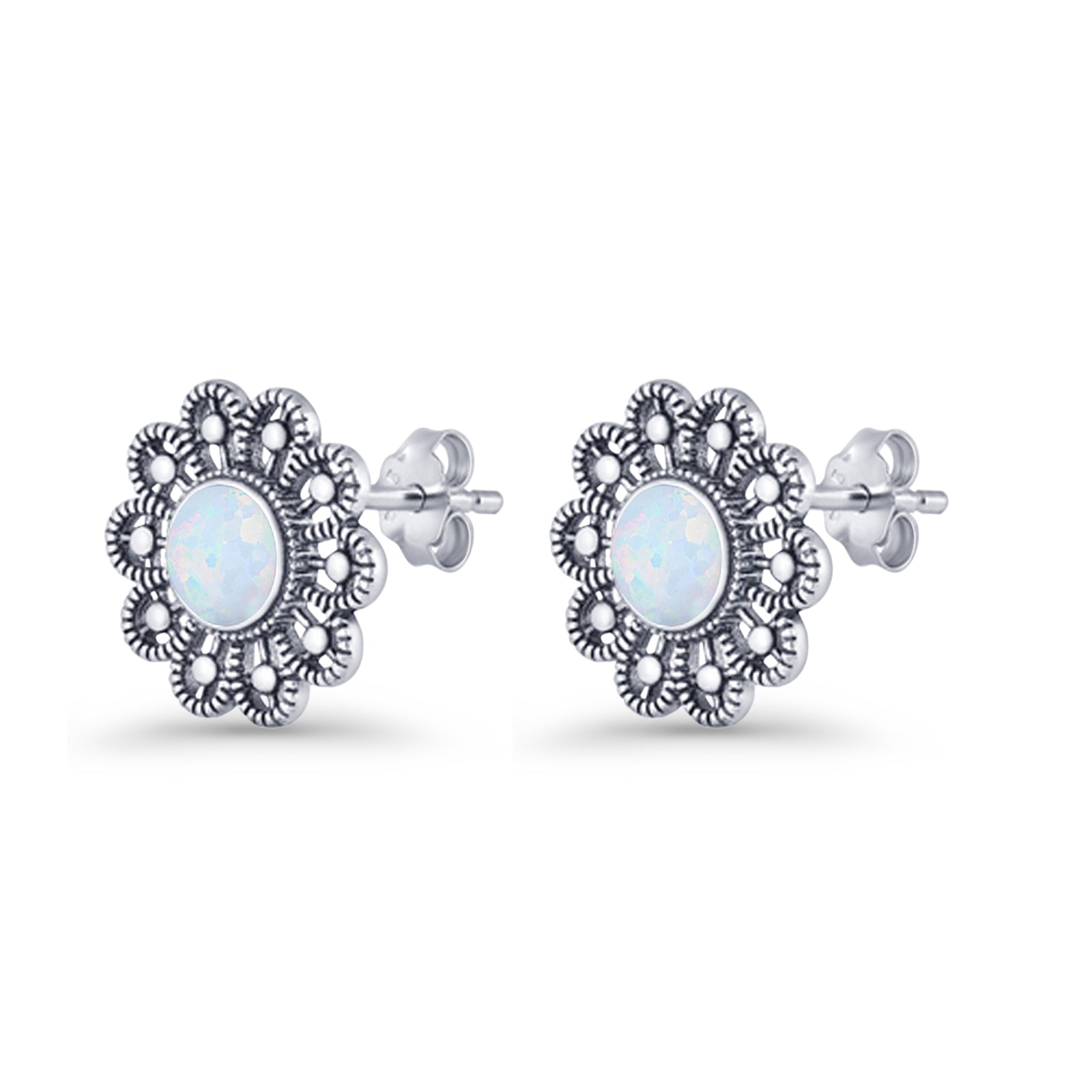 Flower Beaded 15.6mm Created Opal Stud Earring 925 Sterling Silver