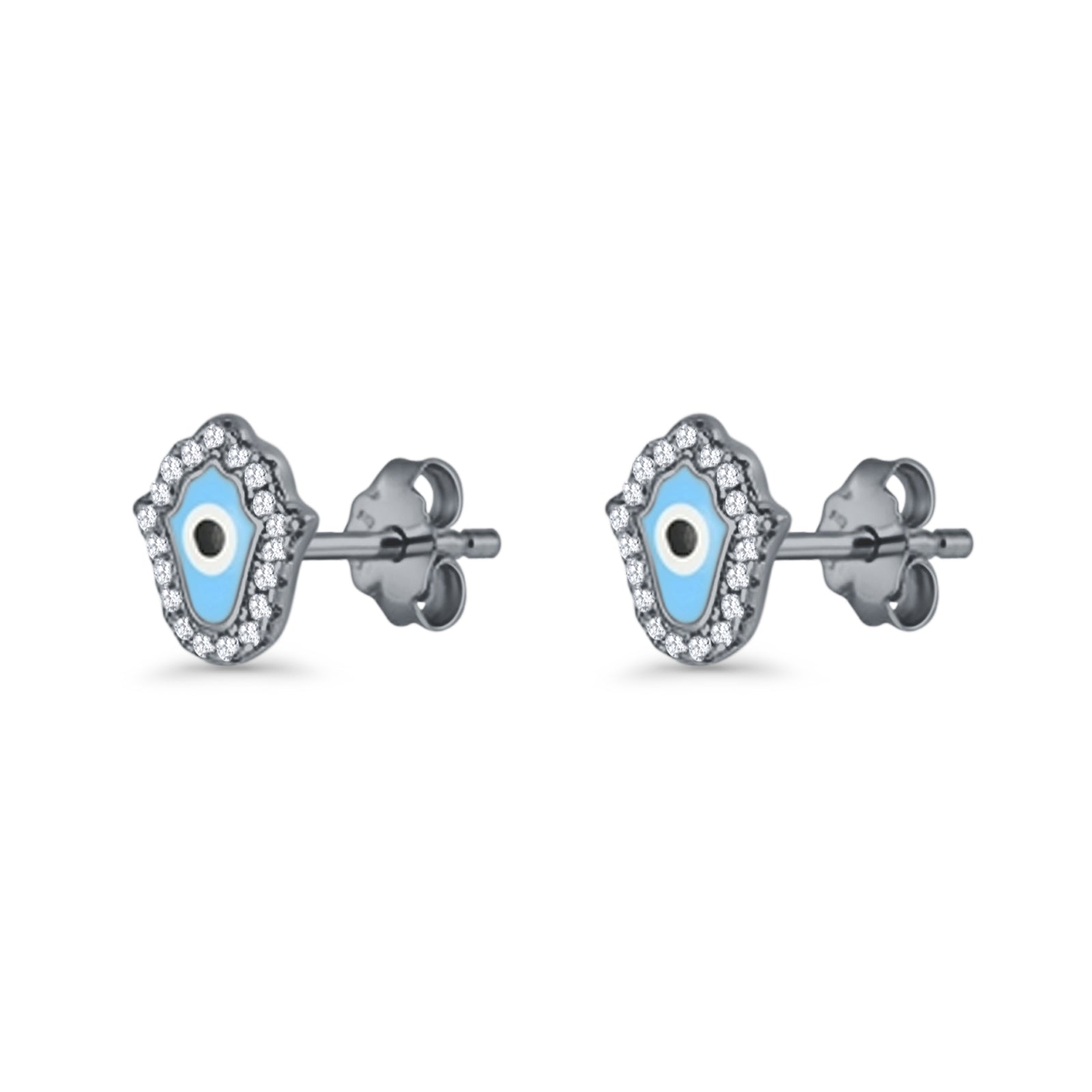 Hamsa Hand Evil Eye Stud Earrings Cubic Zirconia 925 Sterling Silver