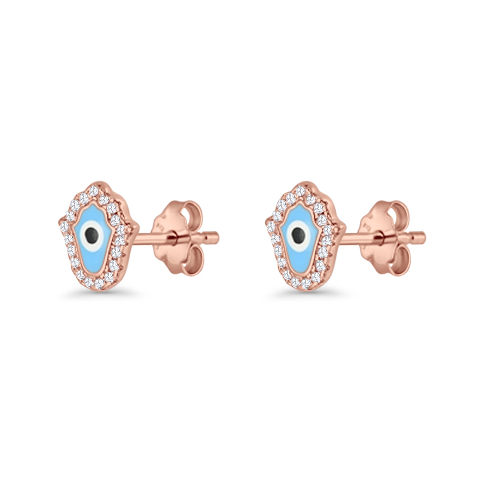 Hamsa Hand Evil Eye Stud Earrings Cubic Zirconia 925 Sterling Silver