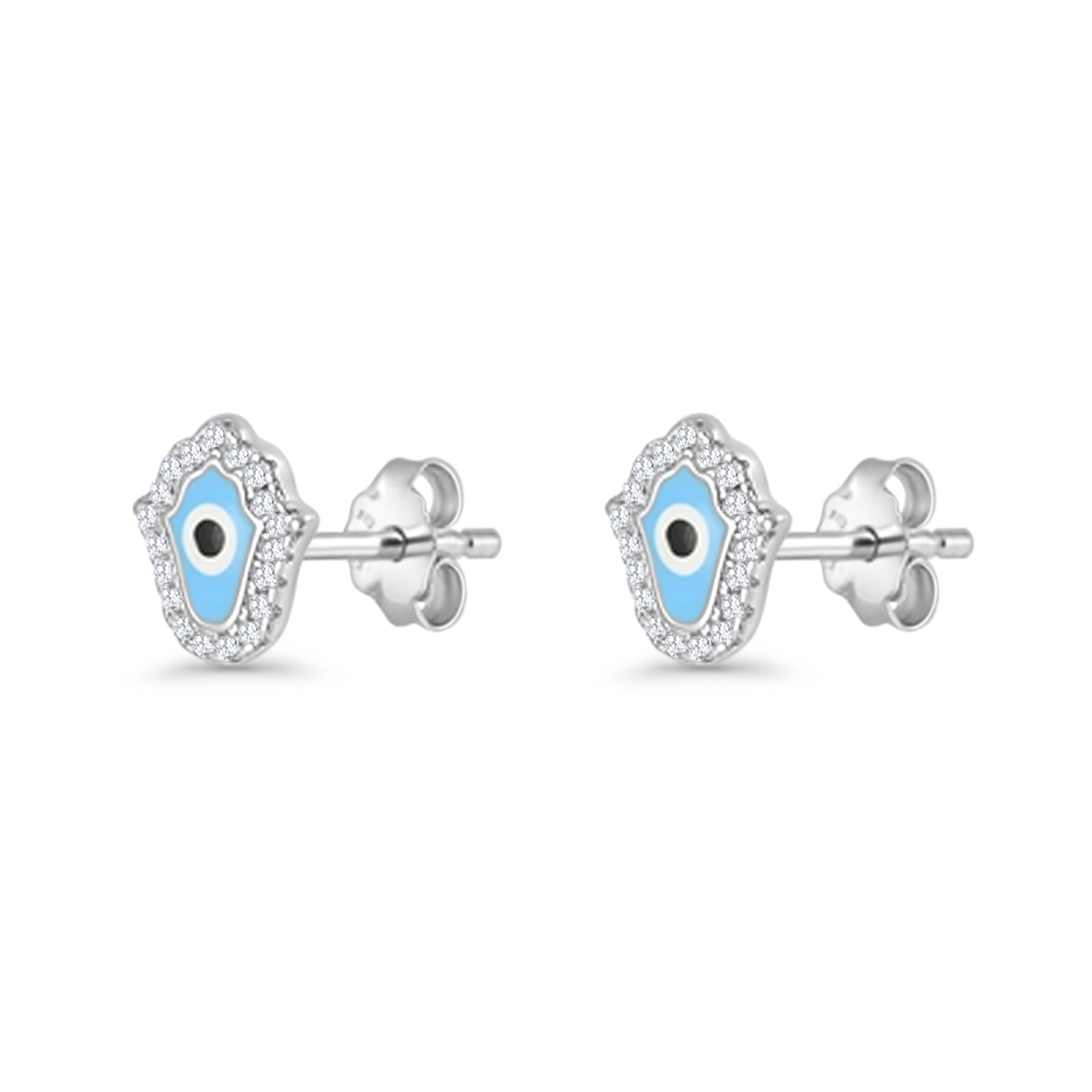 Hamsa Hand Evil Eye Stud Earrings Cubic Zirconia 925 Sterling Silver