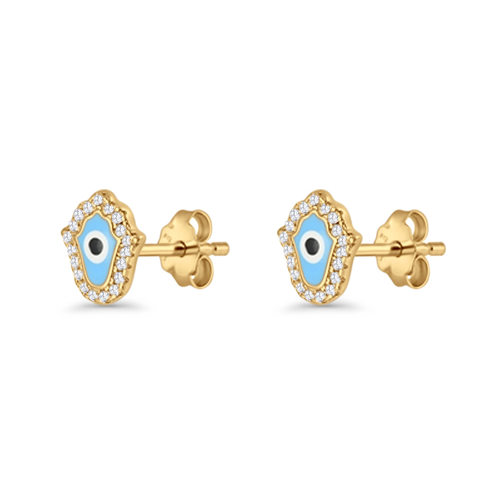 Hamsa Hand Evil Eye Stud Earrings Cubic Zirconia 925 Sterling Silver