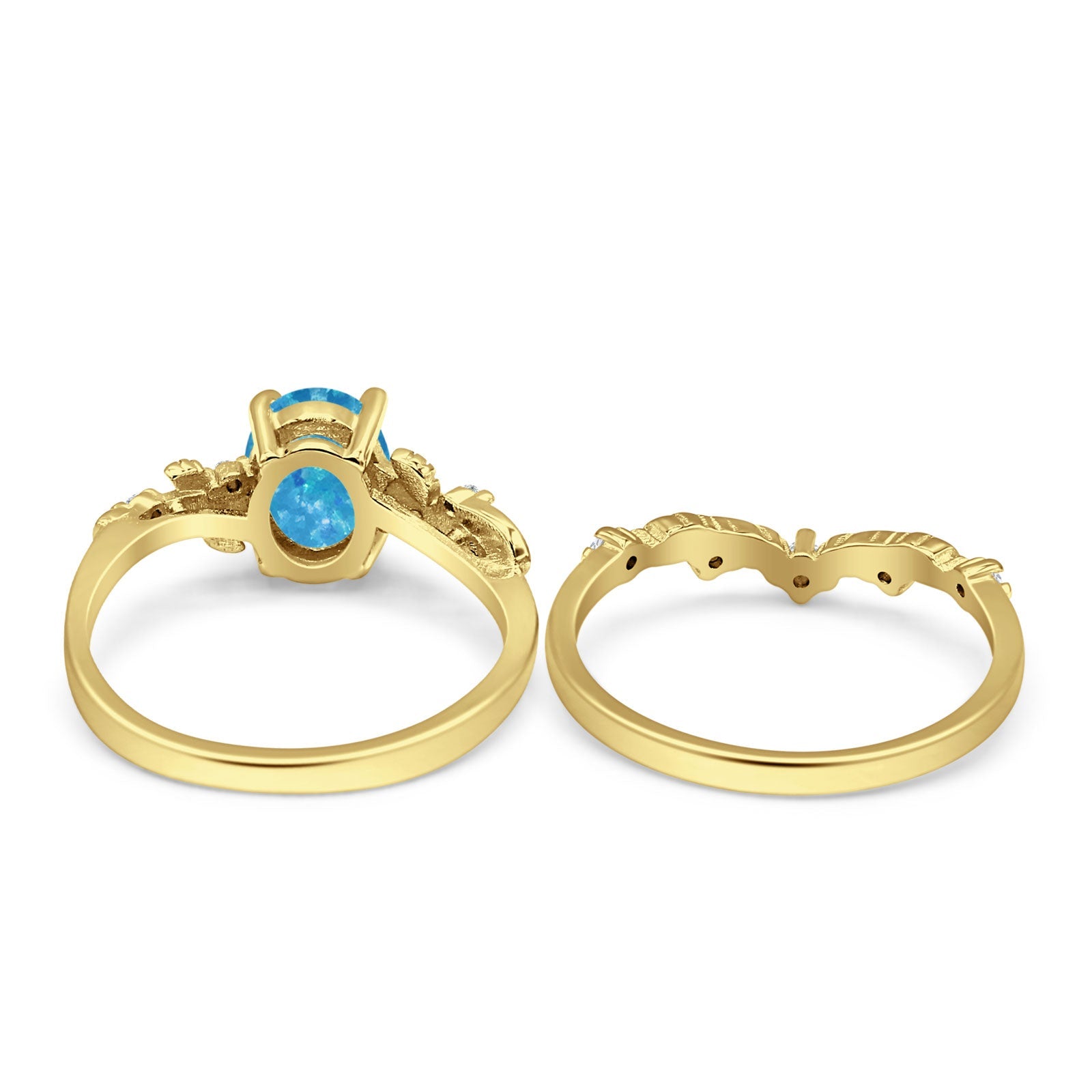 Two Piece Oval Lab Created Blue Opal Leaf Style Chevron Rings 925 Sterling Silver