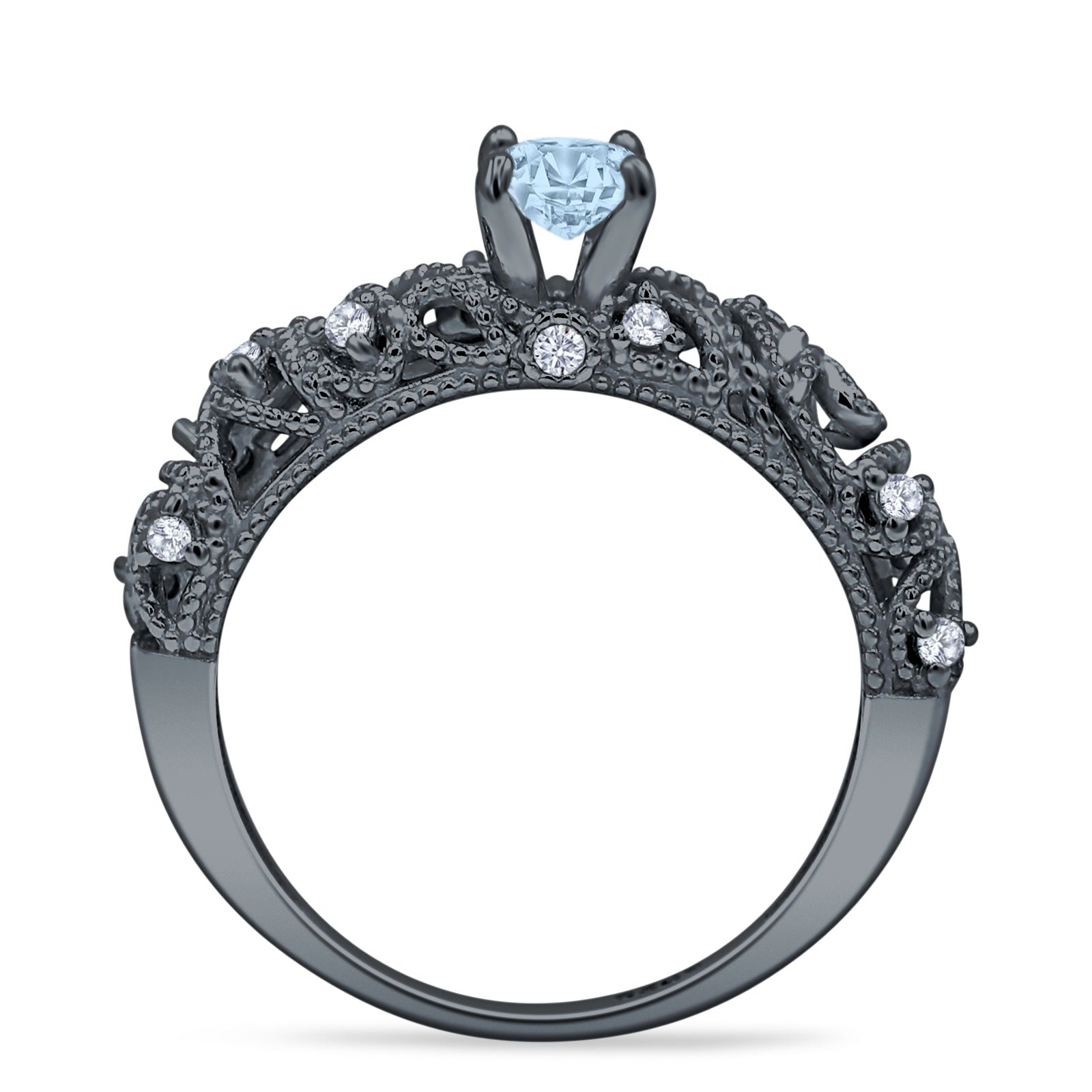 Art Deco 6.2mm Round Aquamarine CZ Beaded Filigree Ring 925 Sterling Silver