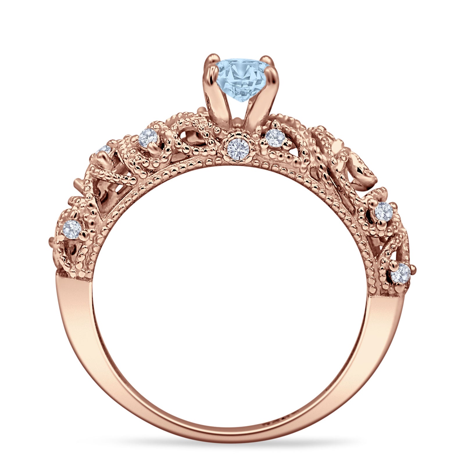 Art Deco 6.2mm Round Aquamarine CZ Beaded Filigree Ring 925 Sterling Silver