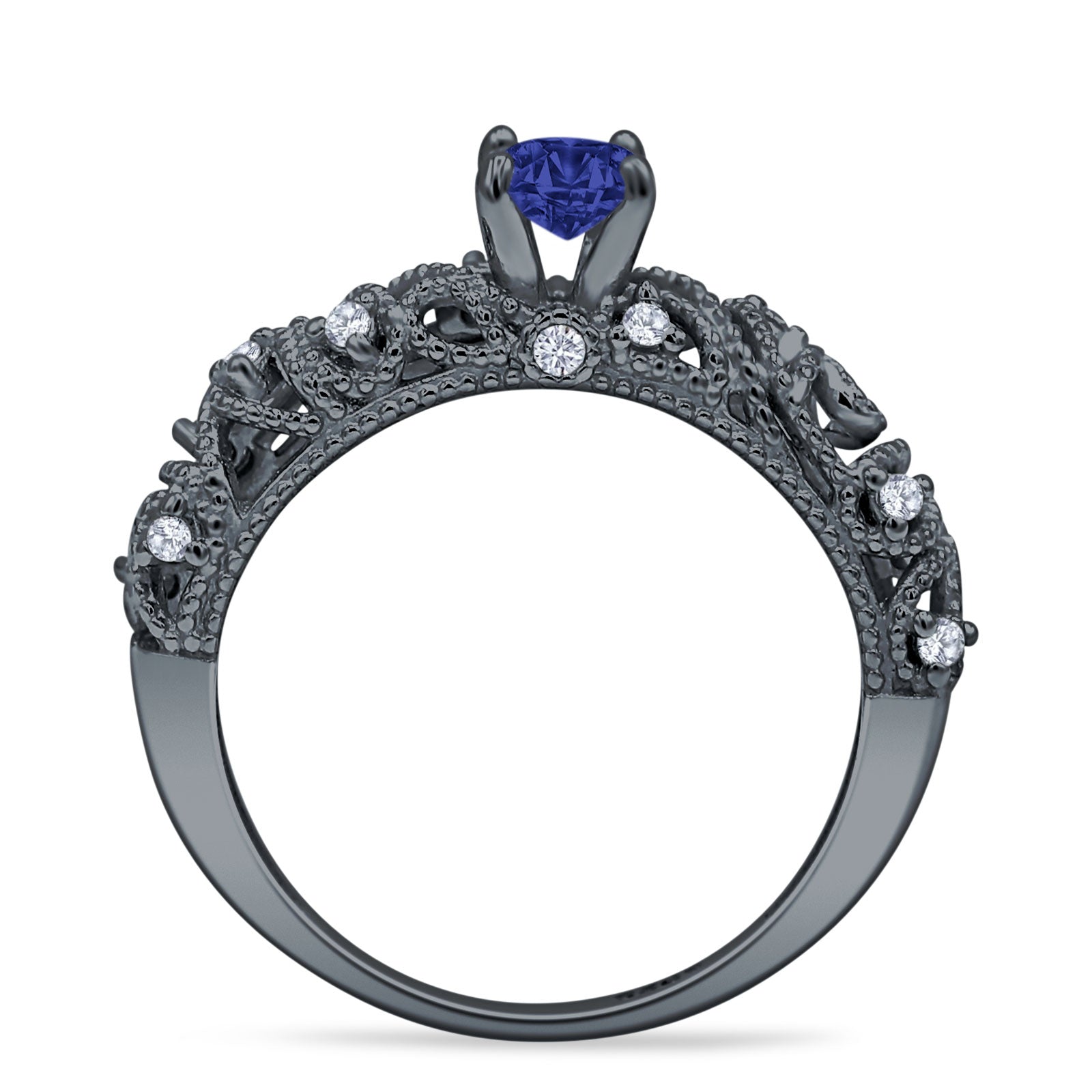 Art Deco 6.2mm Round Blue Sapphire CZ Beaded Filigree Ring 925 Sterling Silver