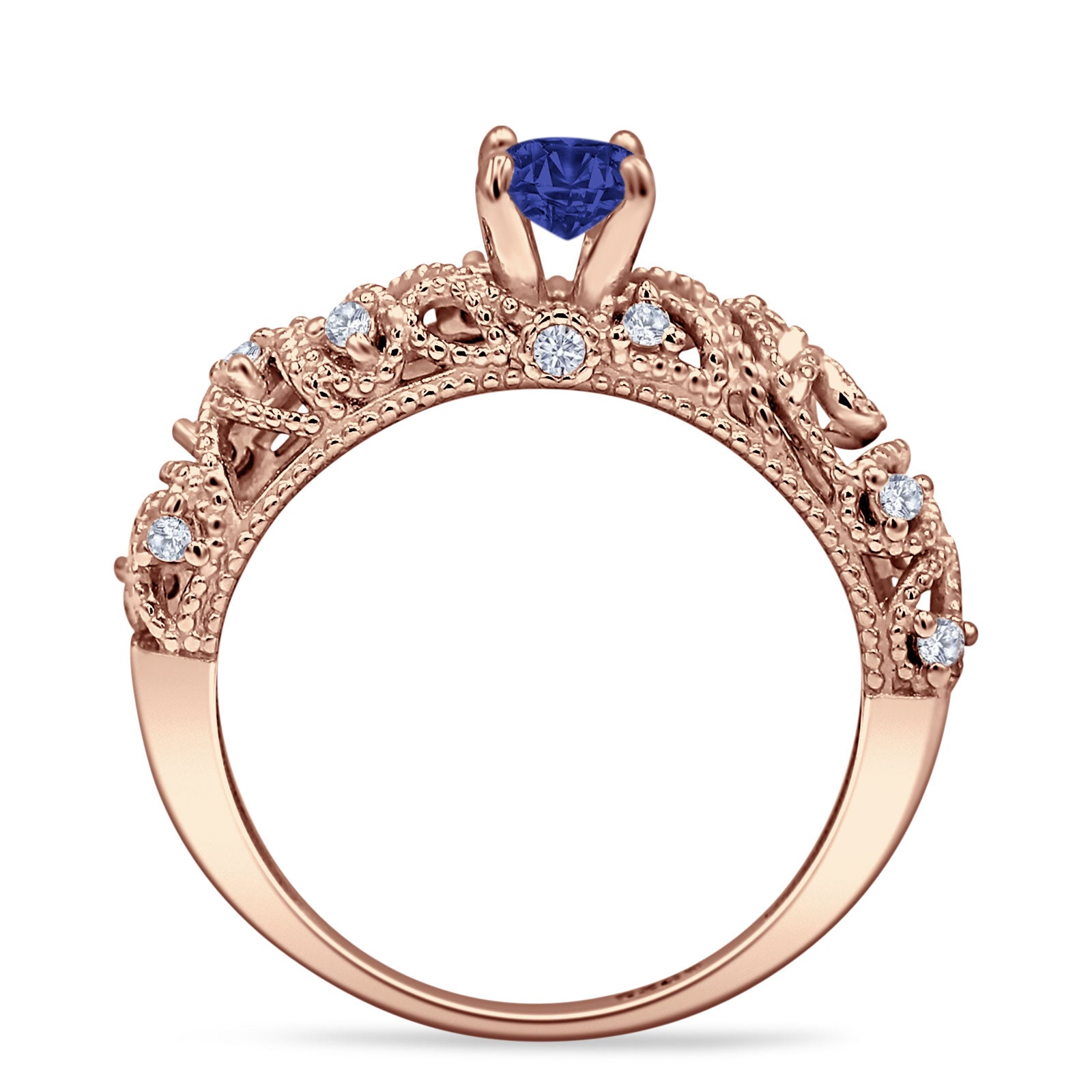 Art Deco 6.2mm Round Blue Sapphire CZ Beaded Filigree Ring 925 Sterling Silver
