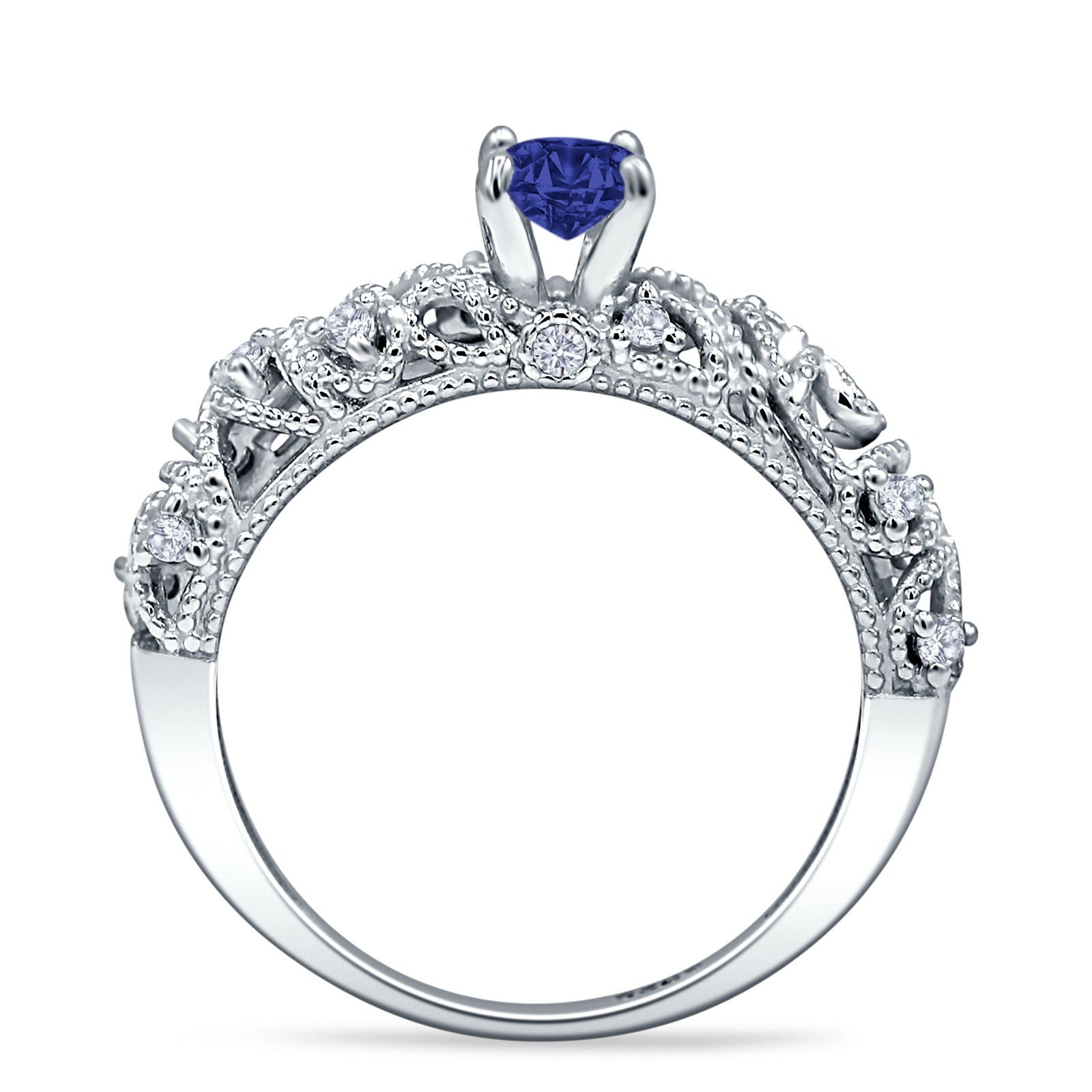 Art Deco 6.2mm Round Blue Sapphire CZ Beaded Filigree Ring 925 Sterling Silver