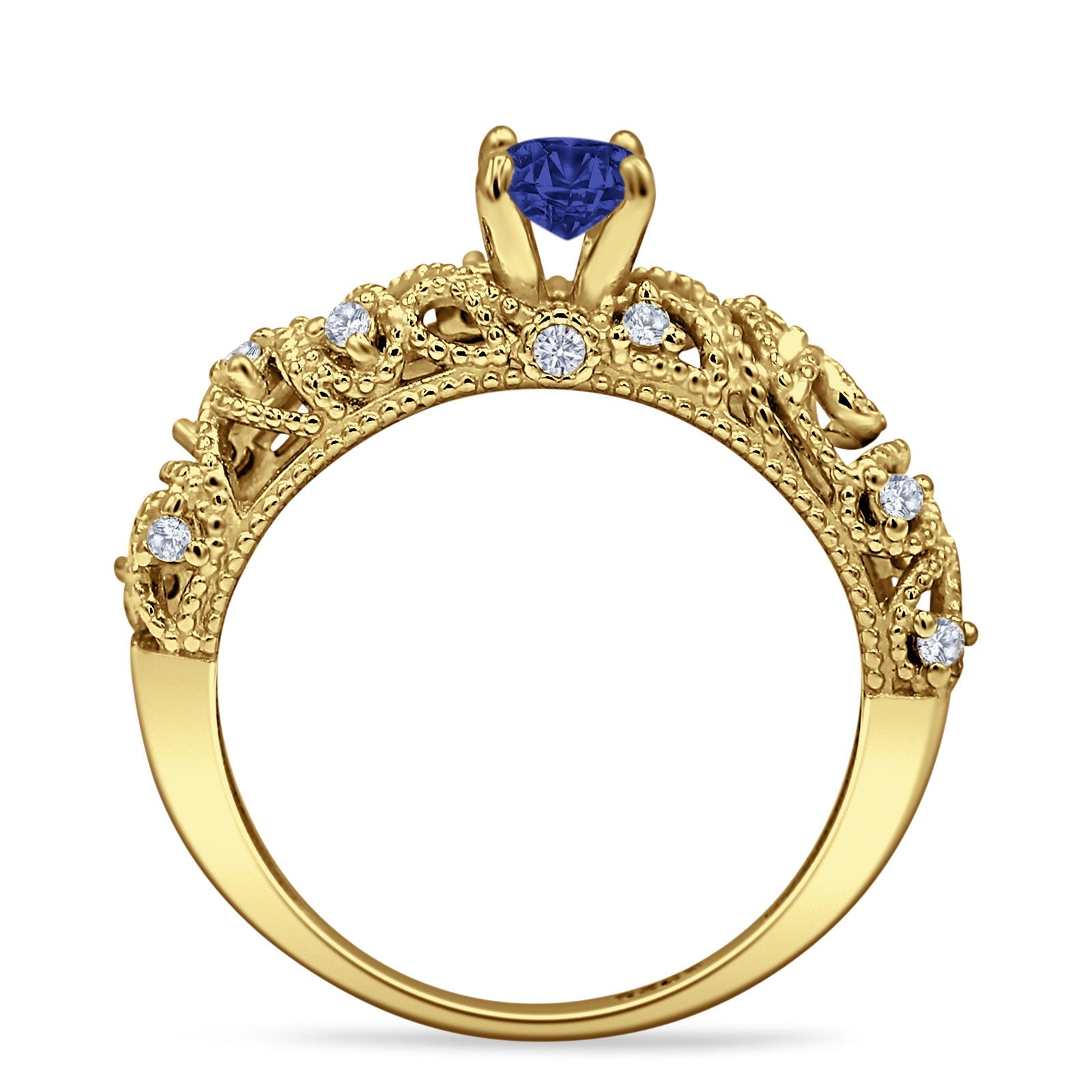 Art Deco 6.2mm Round Blue Sapphire CZ Beaded Filigree Ring 925 Sterling Silver