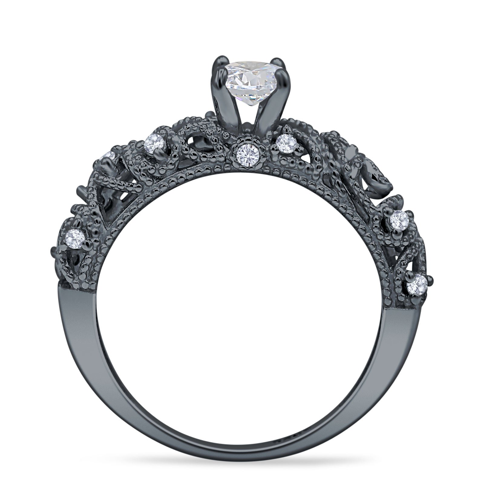 Art Deco 6.2mm Round Cubic Zirconia Beaded Filigree Ring 925 Sterling Silver