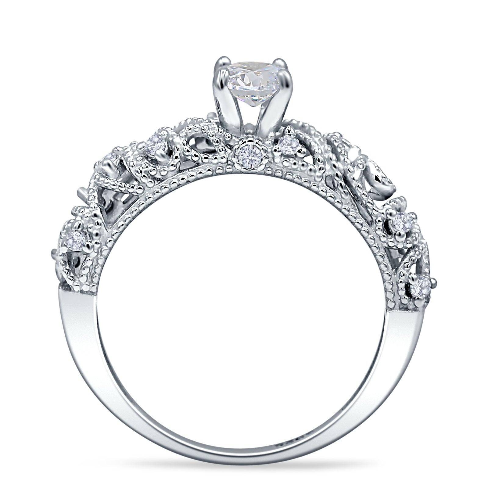 Art Deco 6.2mm Round Cubic Zirconia Beaded Filigree Ring 925 Sterling Silver