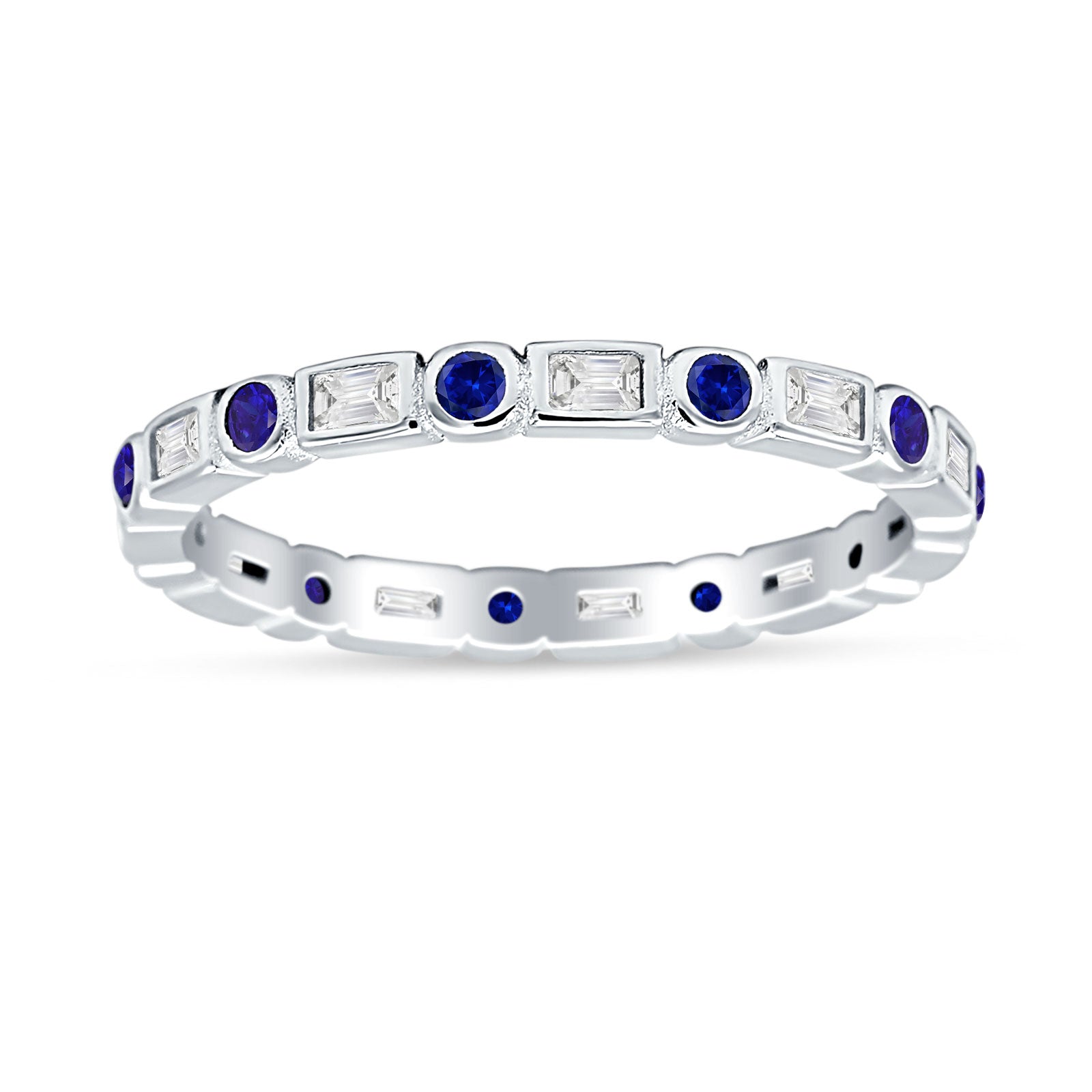 Minimalist 2.5mm Full Eternity Band CZ & Blue Sapphire CZ 925 Sterling Silver