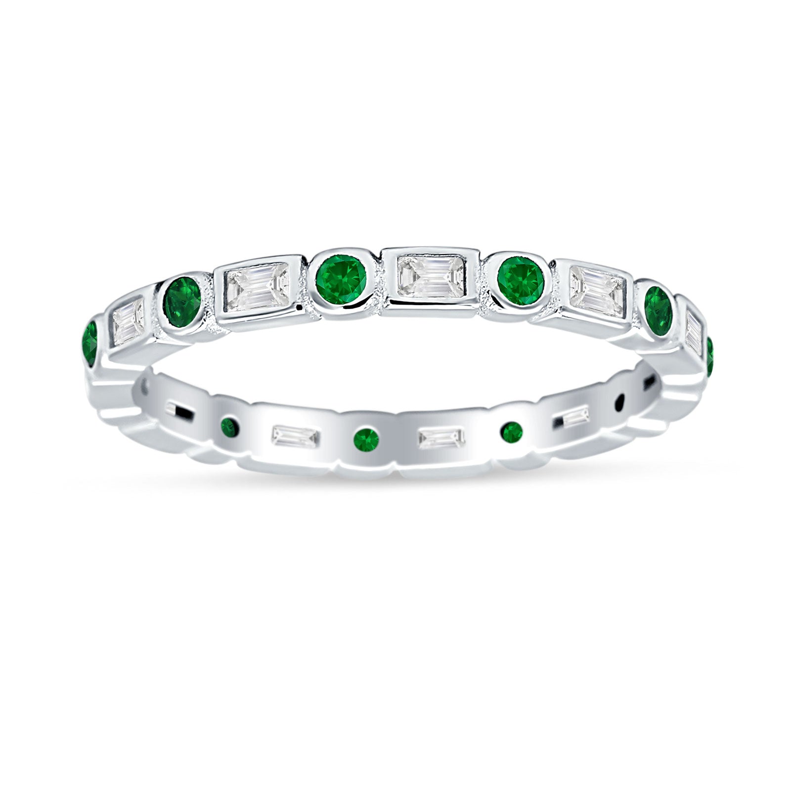 Minimalist 2.5mm Full Eternity Band CZ & Green Emerald CZ 925 Sterling Silver