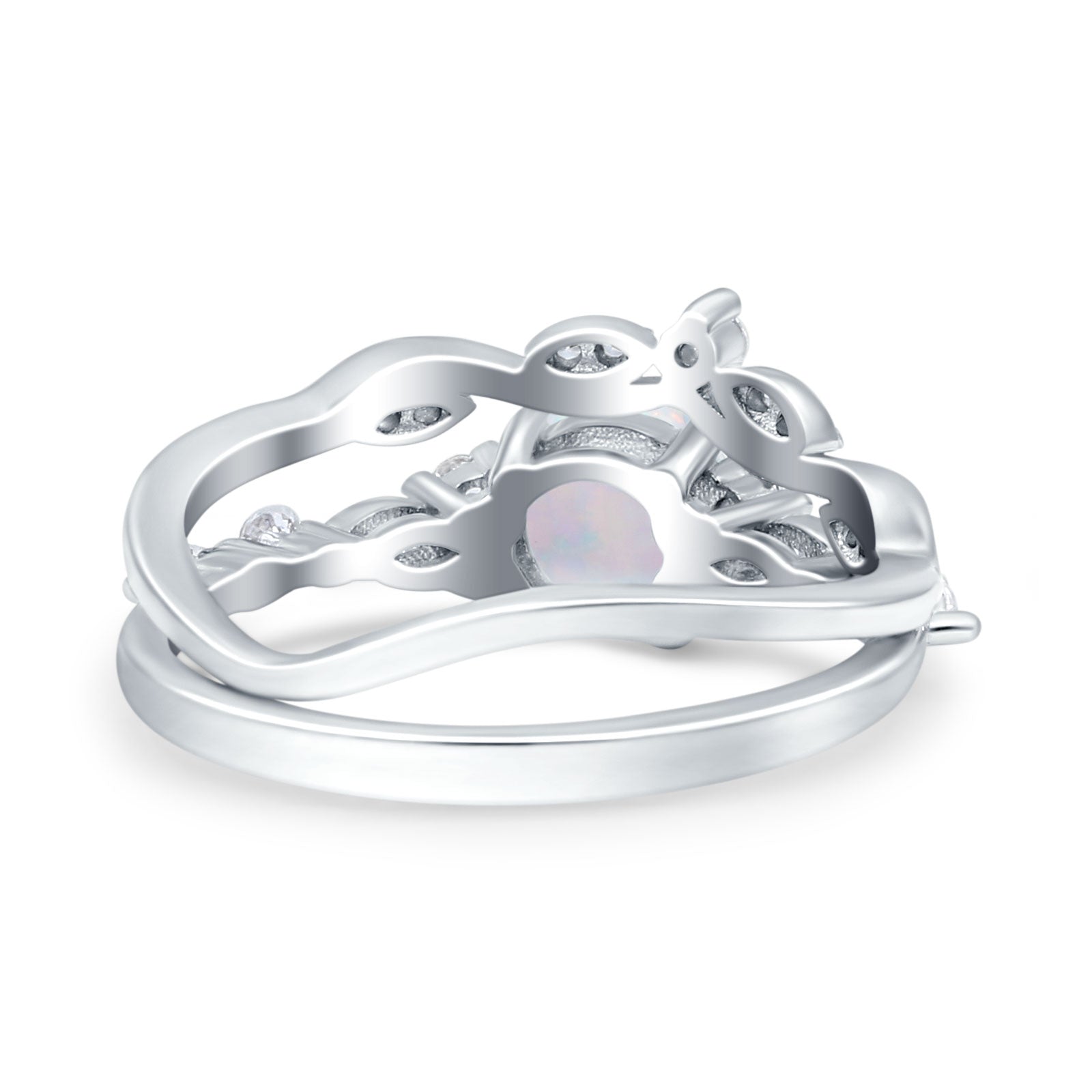 Two Piece Vintage Style Art Deco Engagement Bridal Set Ring Round Lab Created White Opal 925 Sterling Silver