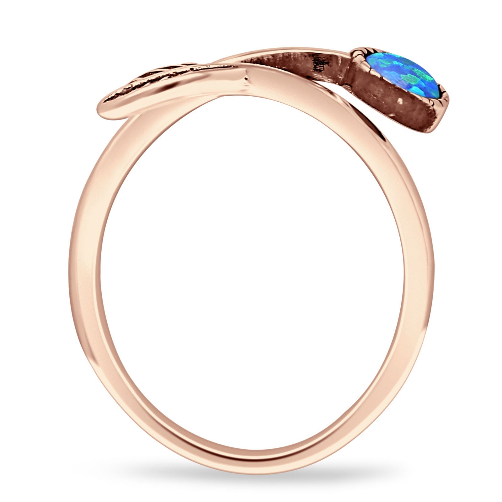 Round 10mm Lab Created Blue Opal Twisted Rope Feather Ring Oxidized 925 Sterling Silver