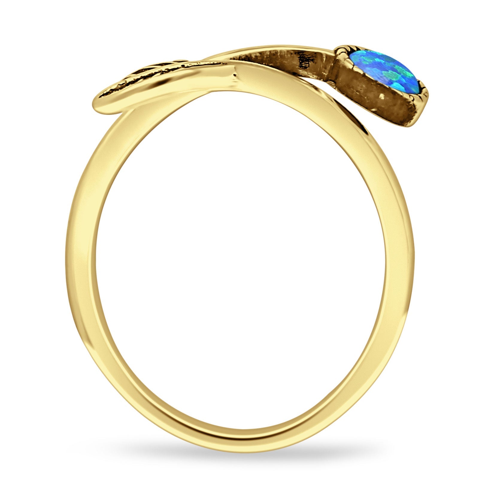 Round 10mm Lab Created Blue Opal Twisted Rope Feather Ring Oxidized 925 Sterling Silver