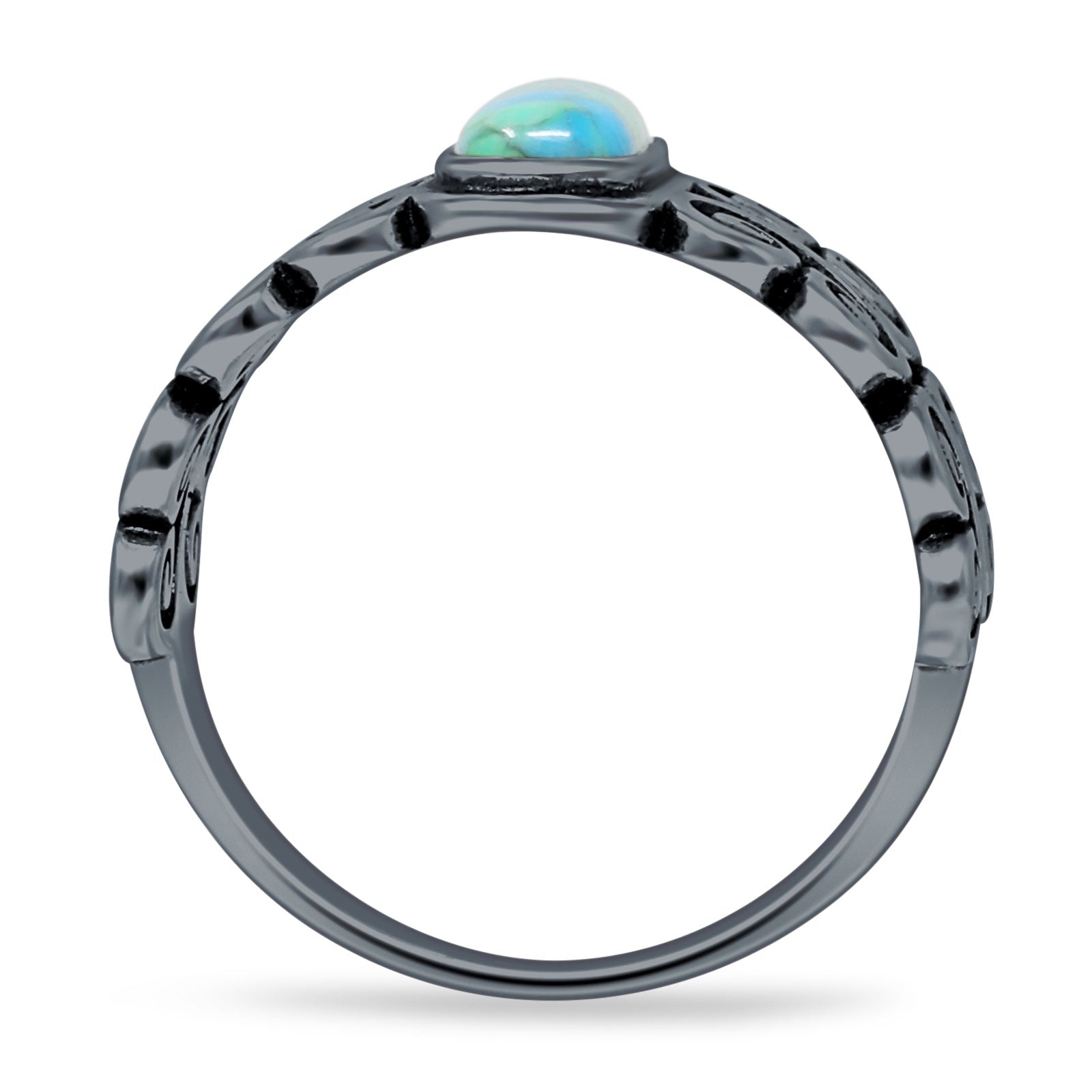 Art Deco 12mm Oval Turquoise Oxidized Filigree Ring 925 Sterling Silver