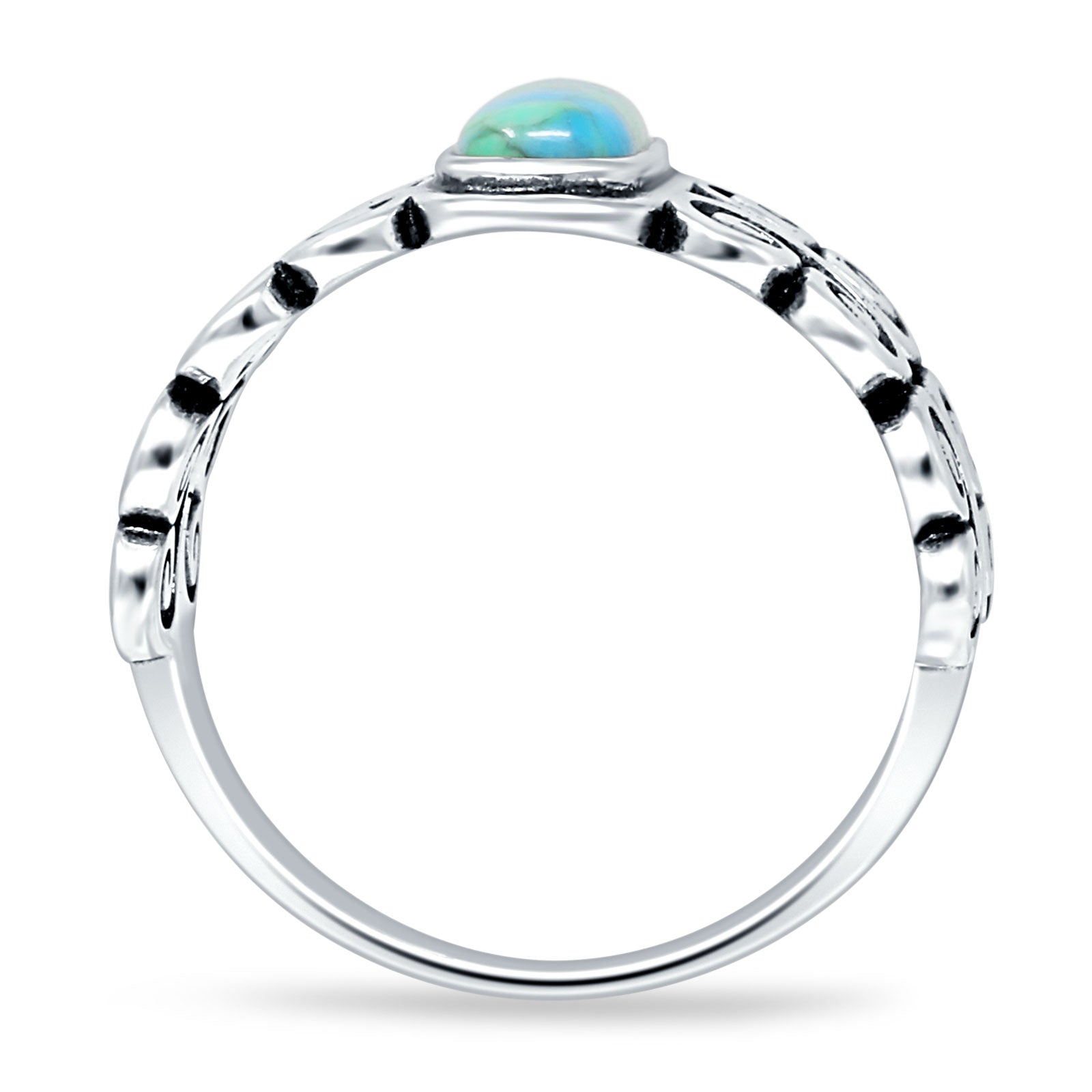 Art Deco 12mm Oval Turquoise Oxidized Filigree Ring 925 Sterling Silver
