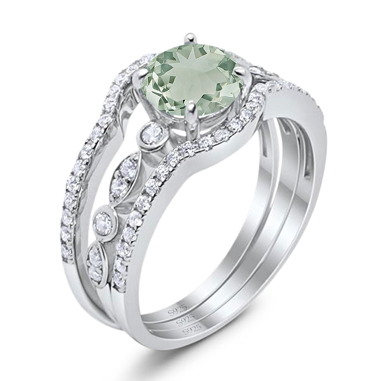 Three Piece Round Natural Stone Bridal Ring