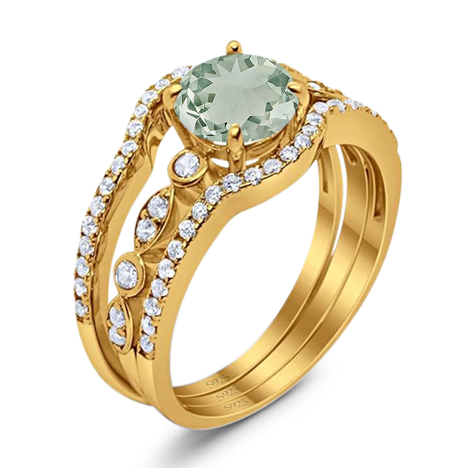 Three Piece Round Natural Stone Bridal Ring