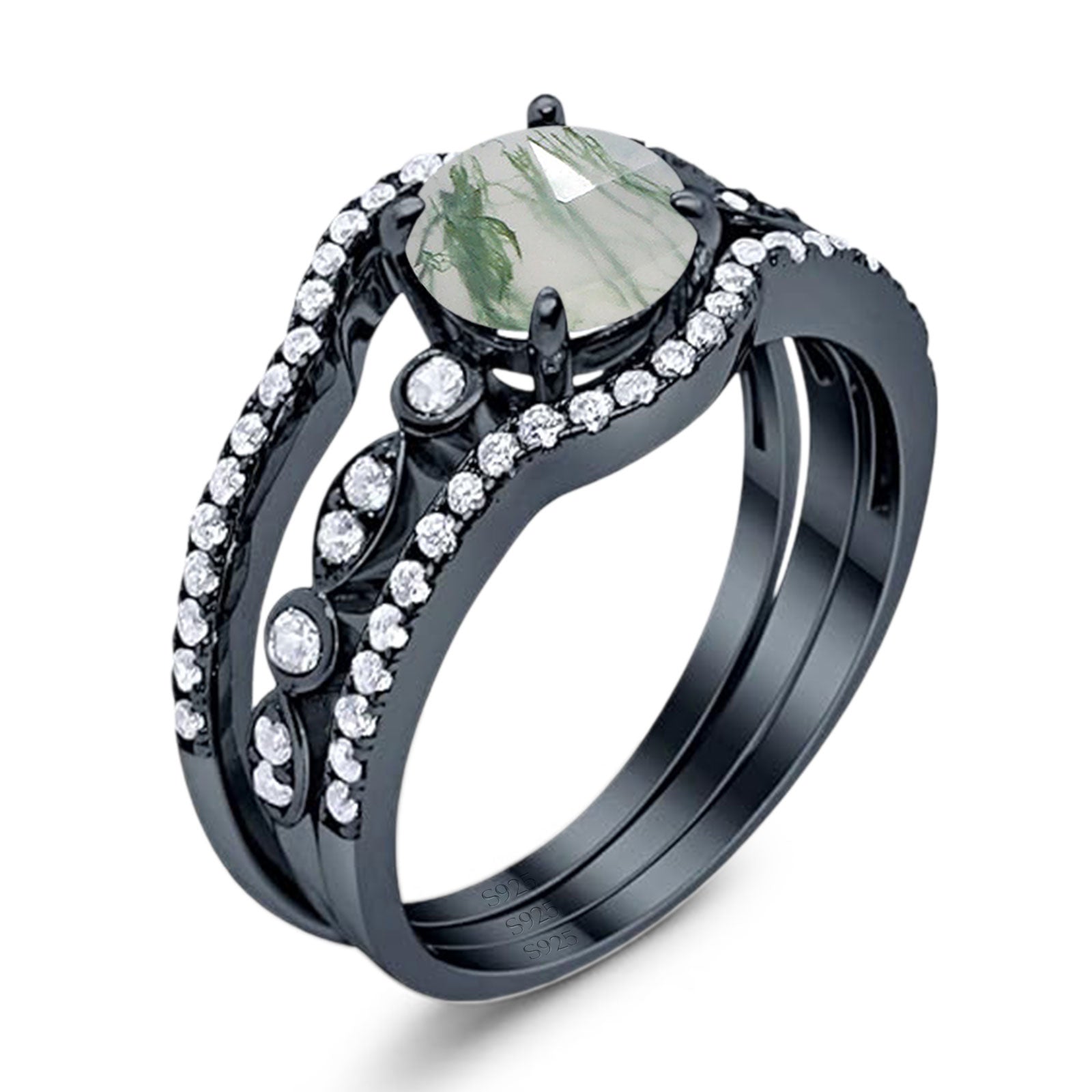 Three Piece Round Natural Stone Bridal Ring