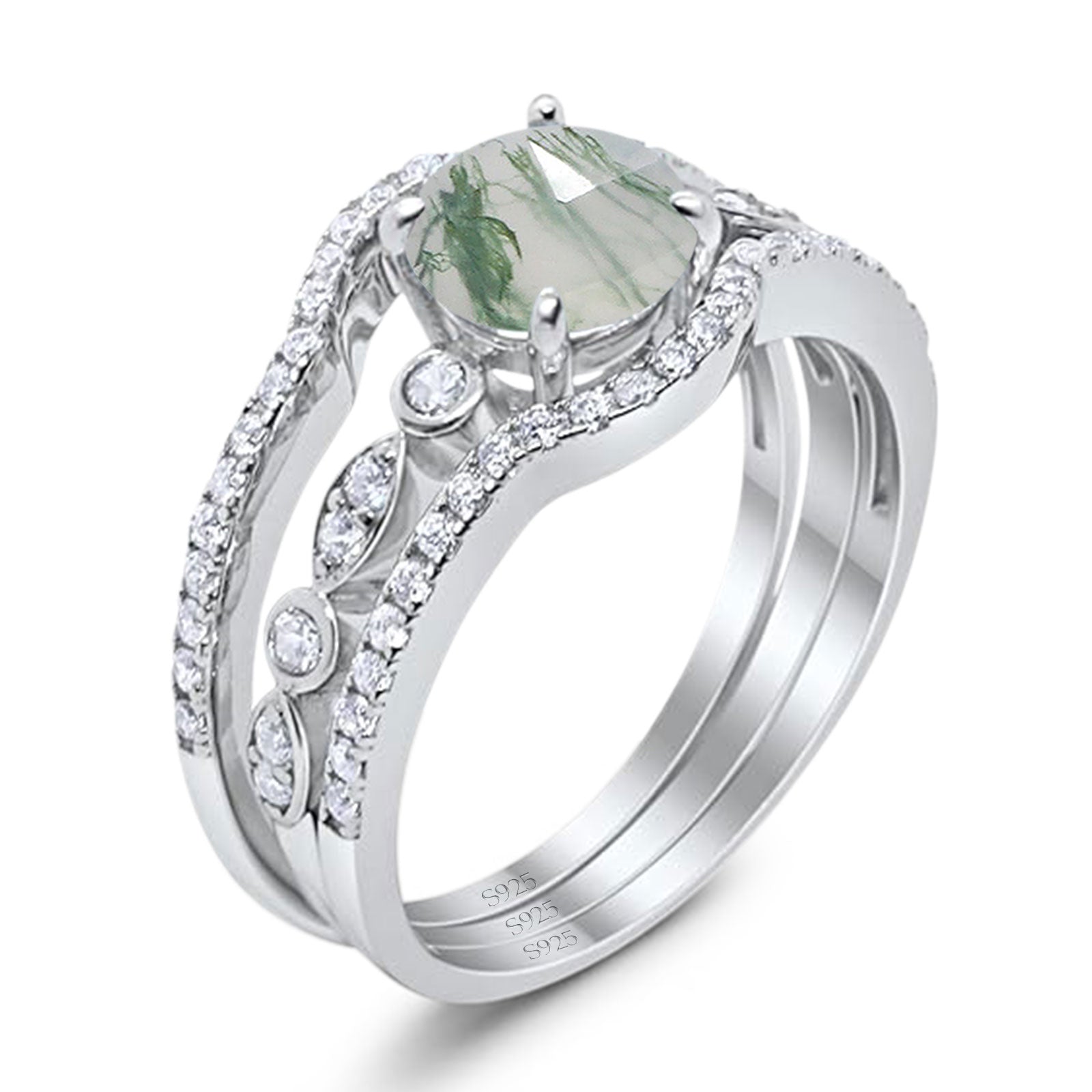 Three Piece Round Natural Stone Bridal Ring