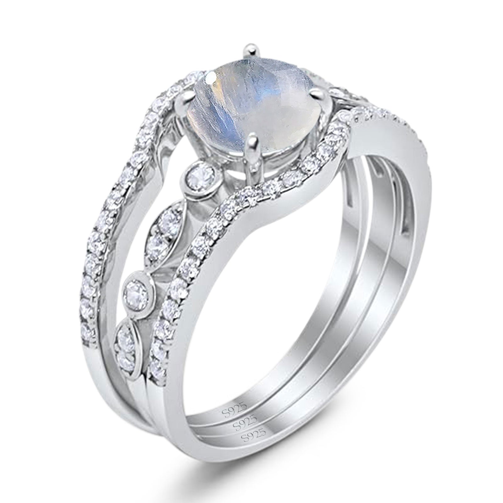 Three Piece Round Natural Stone Bridal Ring