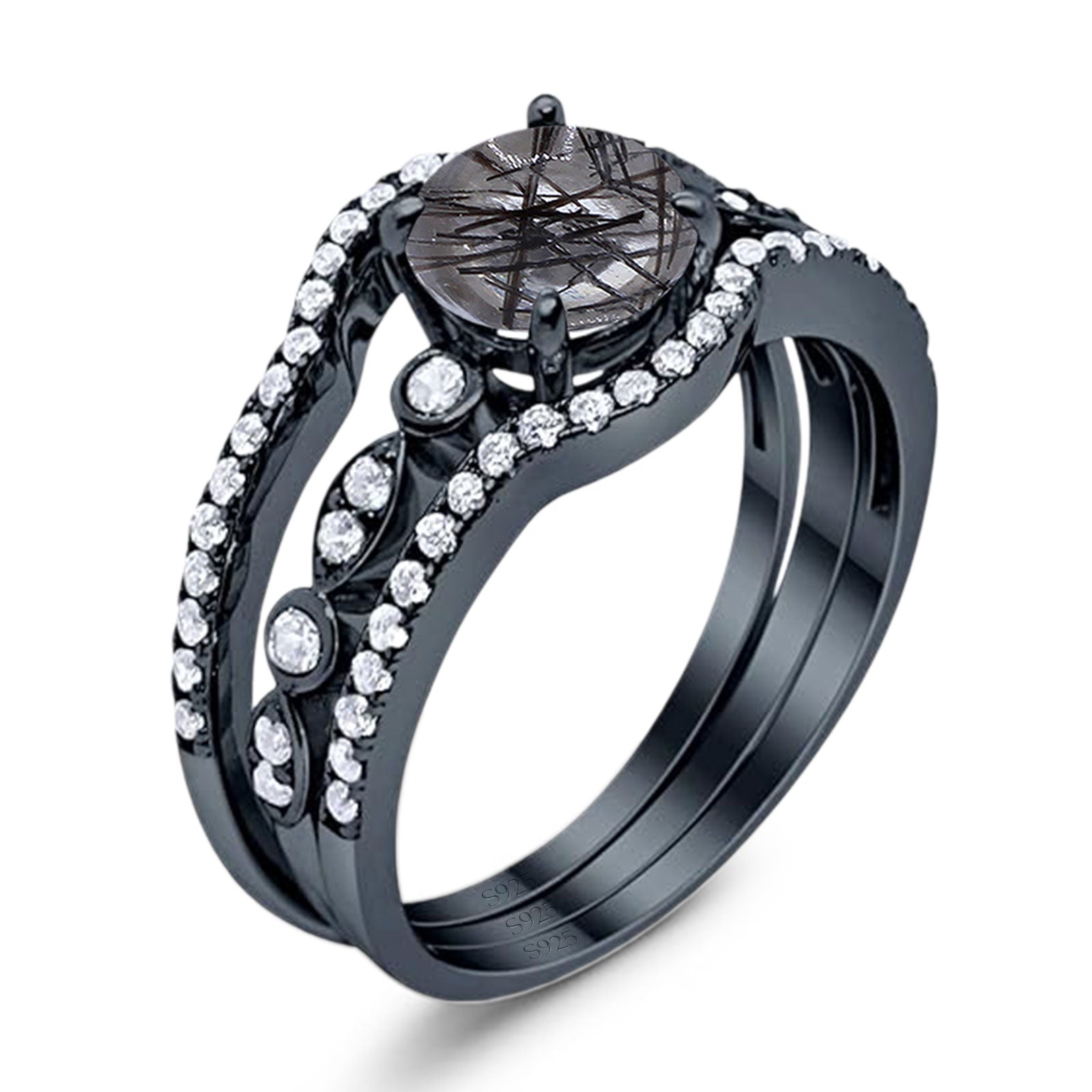Three Piece Round Natural Stone Bridal Ring