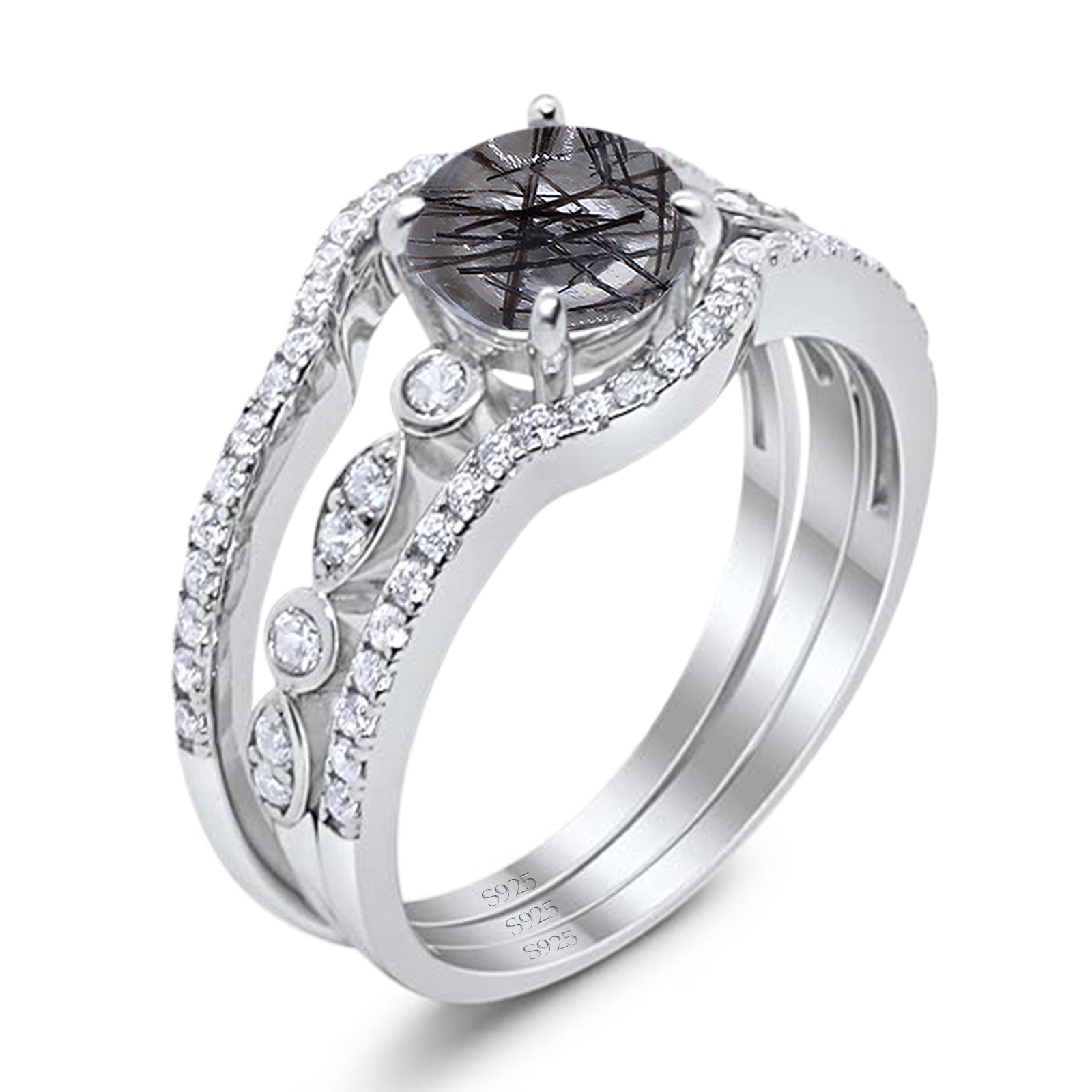 Three Piece Round Natural Stone Bridal Ring