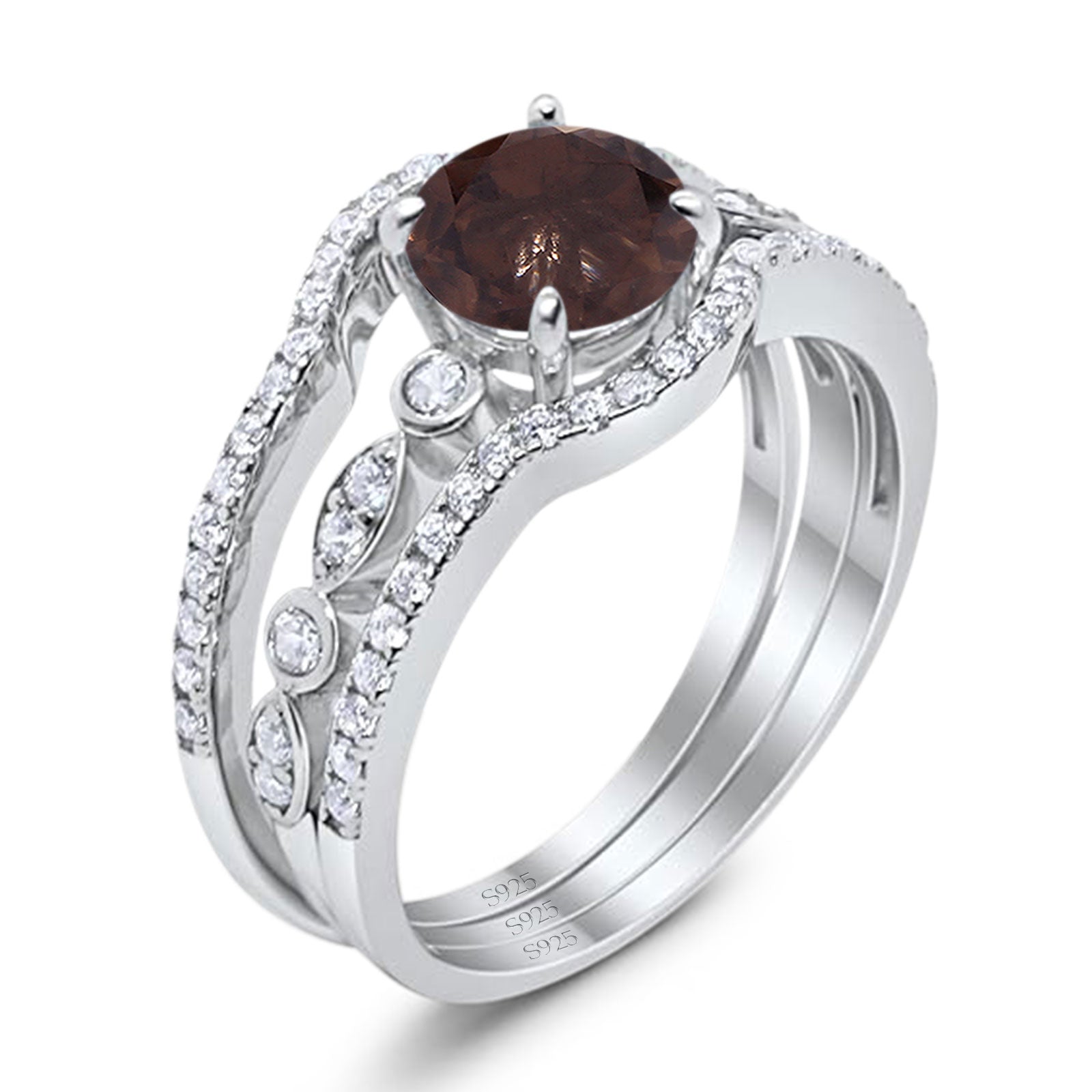 Three Piece Round Natural Stone Bridal Ring
