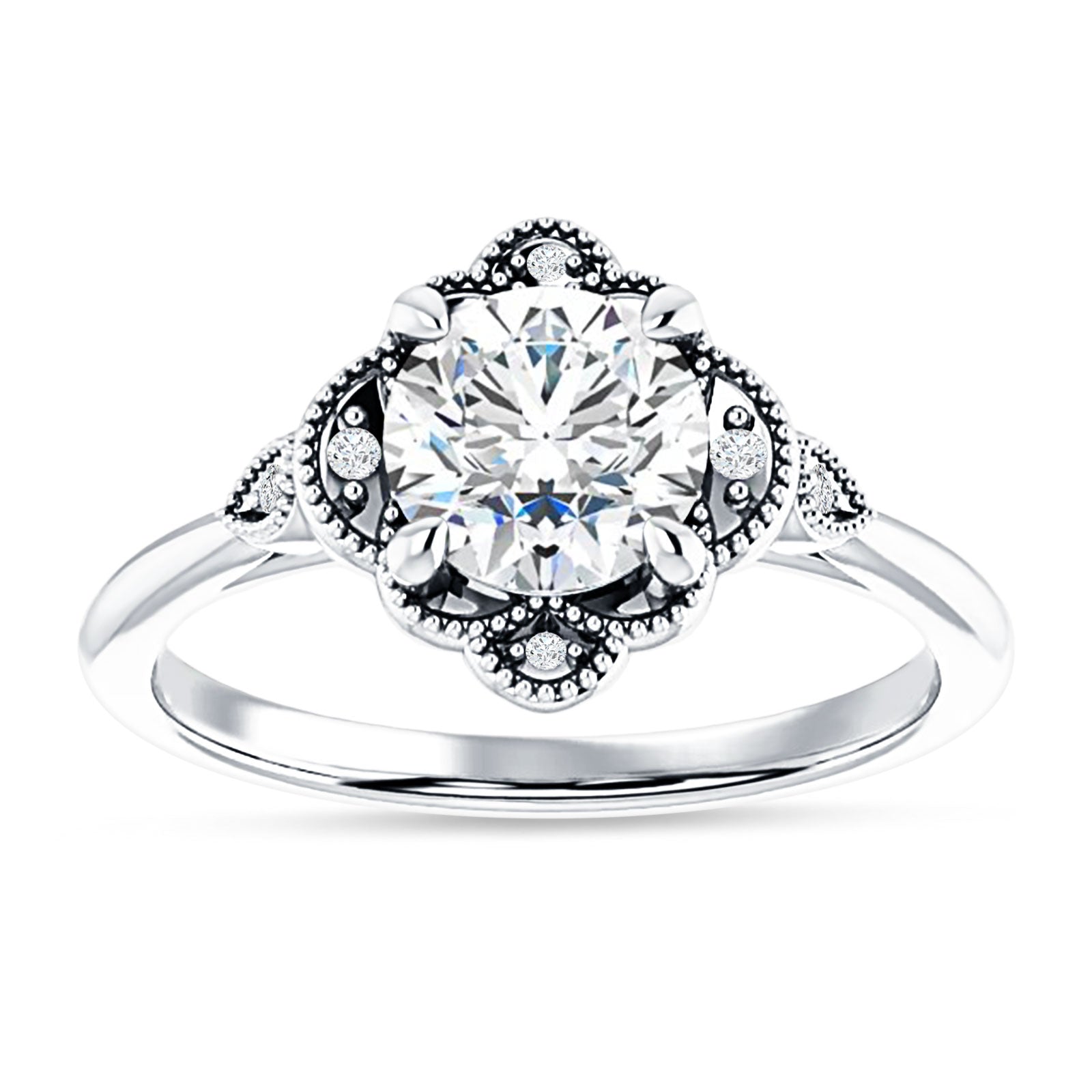 14K Gold IGI Certified Round 2 Carat Lab Grown Diamond Art Deco Floral Beaded Ring