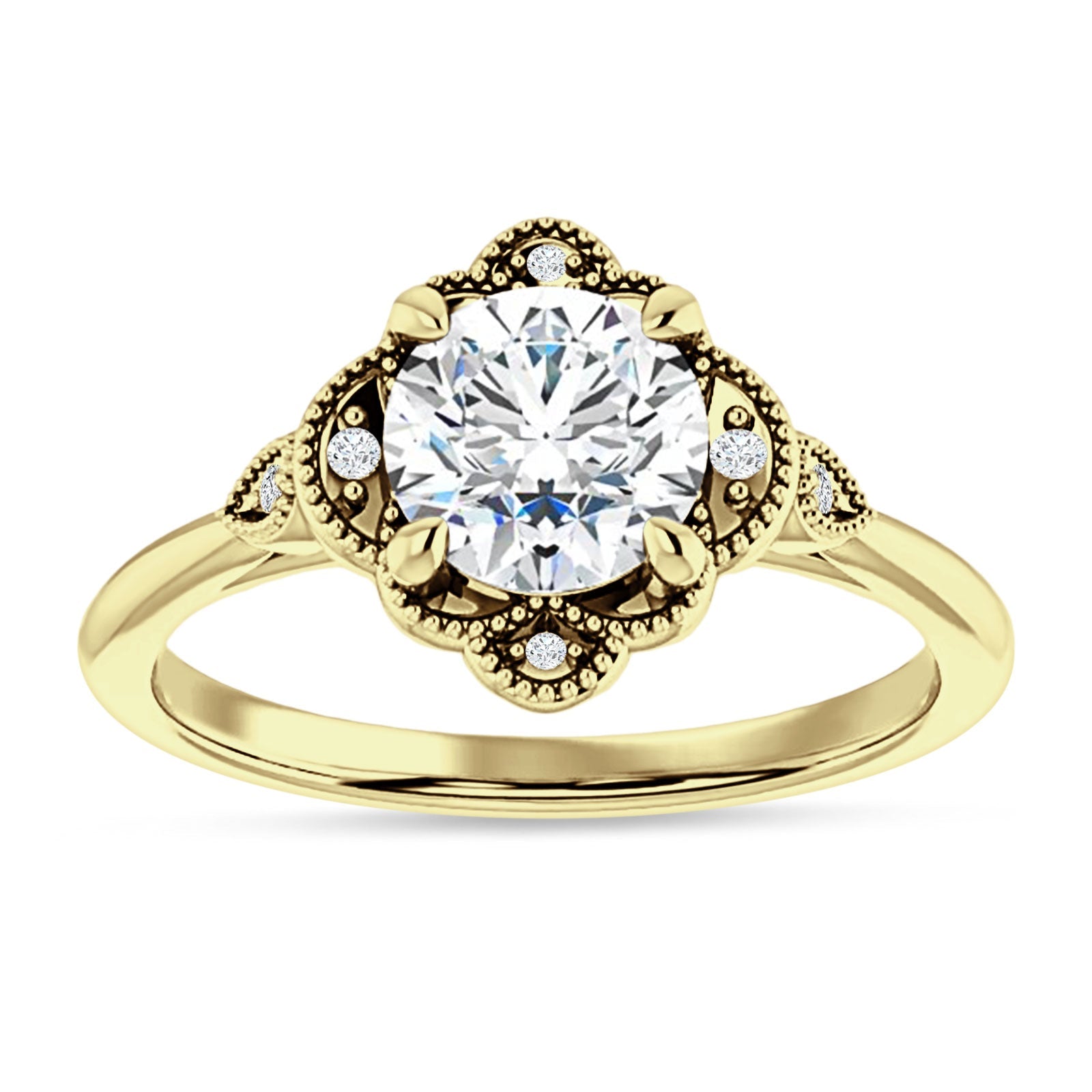 18K Gold IGI Certified Round 1 Carat Lab Grown Diamond Art Deco Floral Beaded Ring