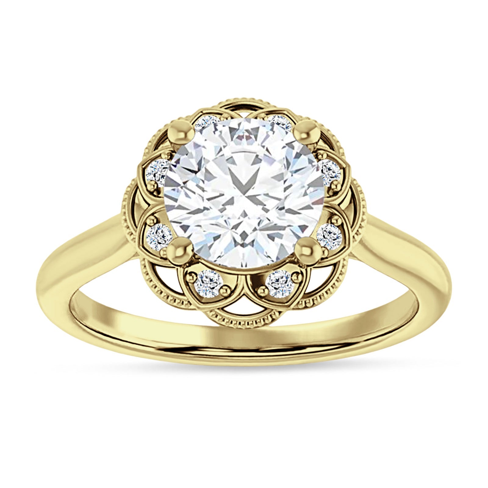 14K Gold IGI Certified Round 2 Carat Lab Grown Diamond Art Deco Floral Ring