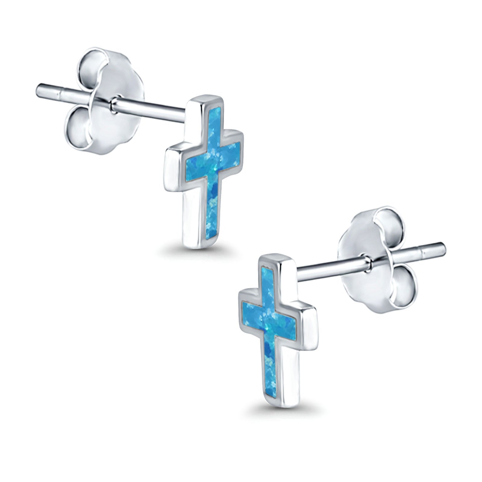 Cross Stud Earrings Lab Created Opal 925 Sterling Silver (14mm)