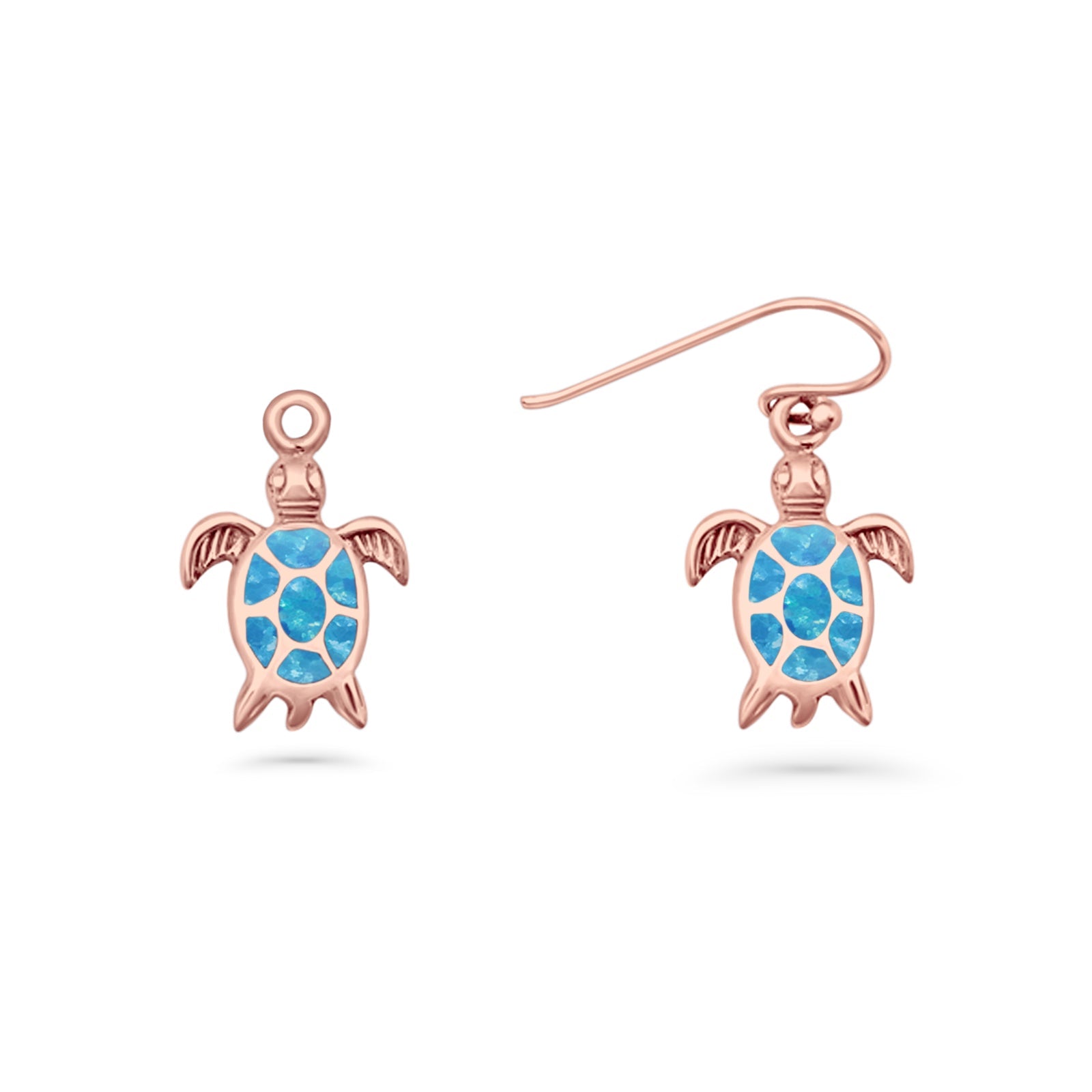Art Deco 15.5mm Lab Created Blue Opal Dangle Turtle Fishhook Earring 925 Sterling Silver