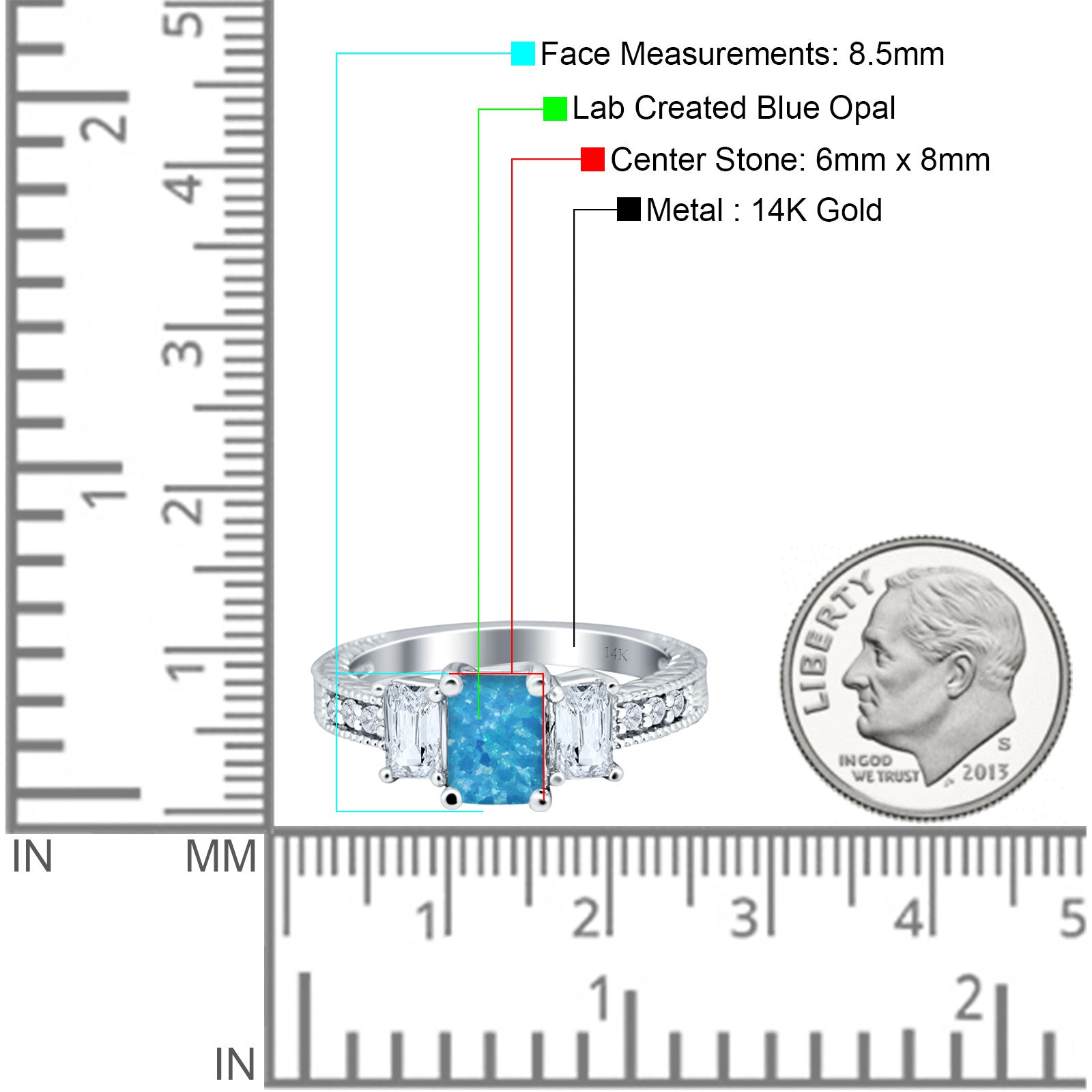 Three Stone Round & Emerald Cut CZ Gold Ring