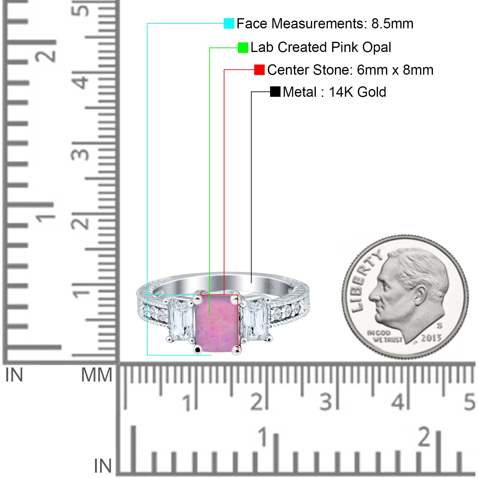 Three Stone Round & Emerald Cut CZ Gold Ring