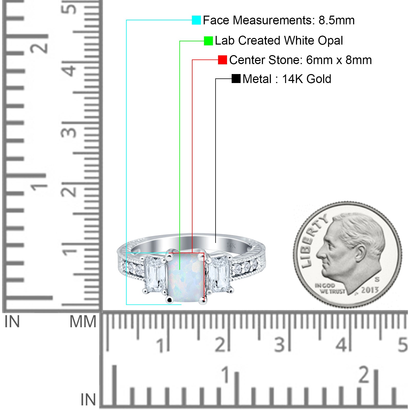 Three Stone Round & Emerald Cut CZ Gold Ring